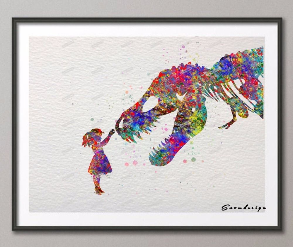 Online Shop Original Watercolor Trex Dinosaur With Girl Poster Intended For Dinosaur Wall Art (View 20 of 20)