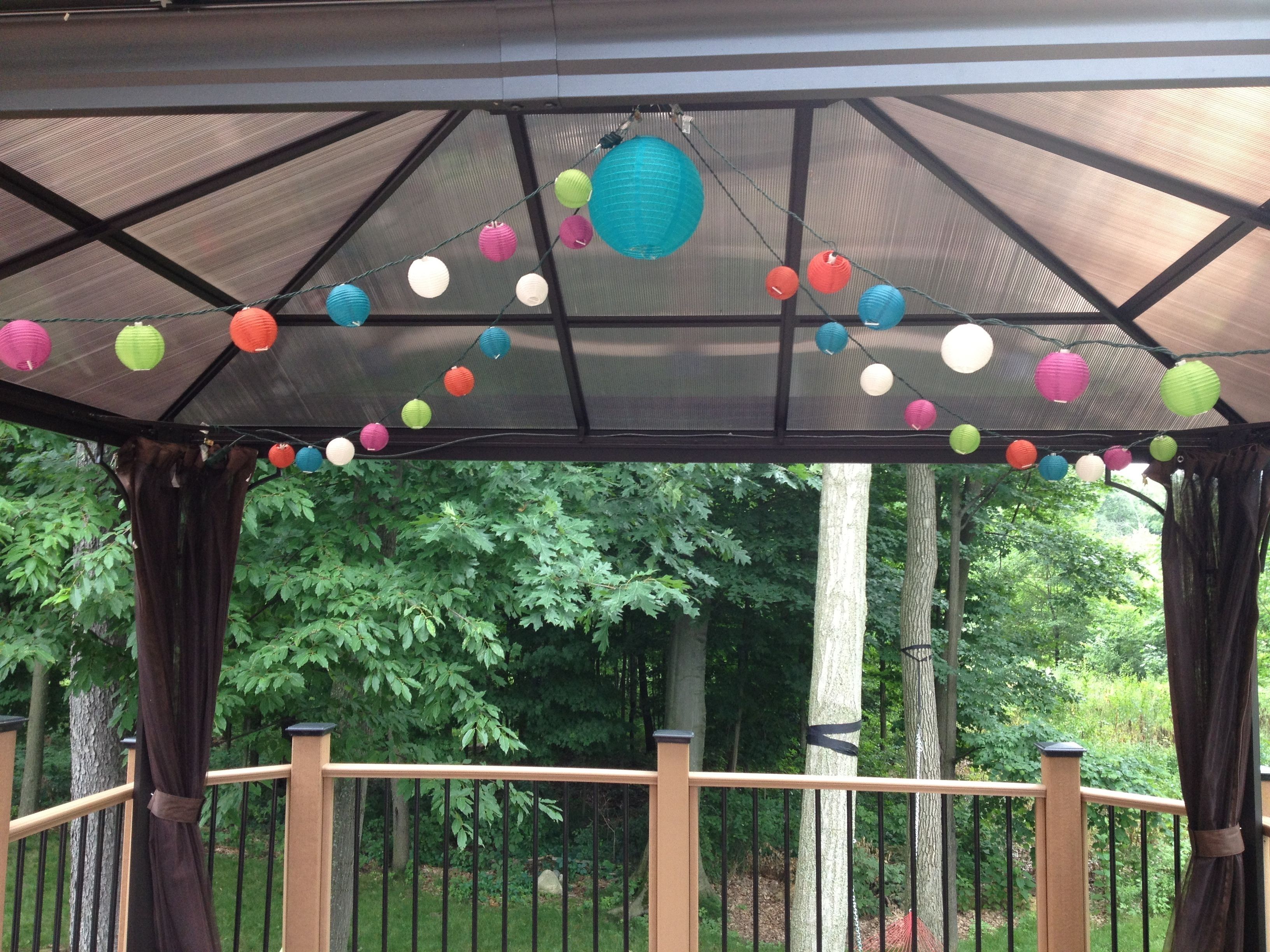 Our Deck's Gazebo With Paper Lantern String Lights | Deck Ideas Within Outdoor Gazebo Lanterns (Photo 1 of 20)