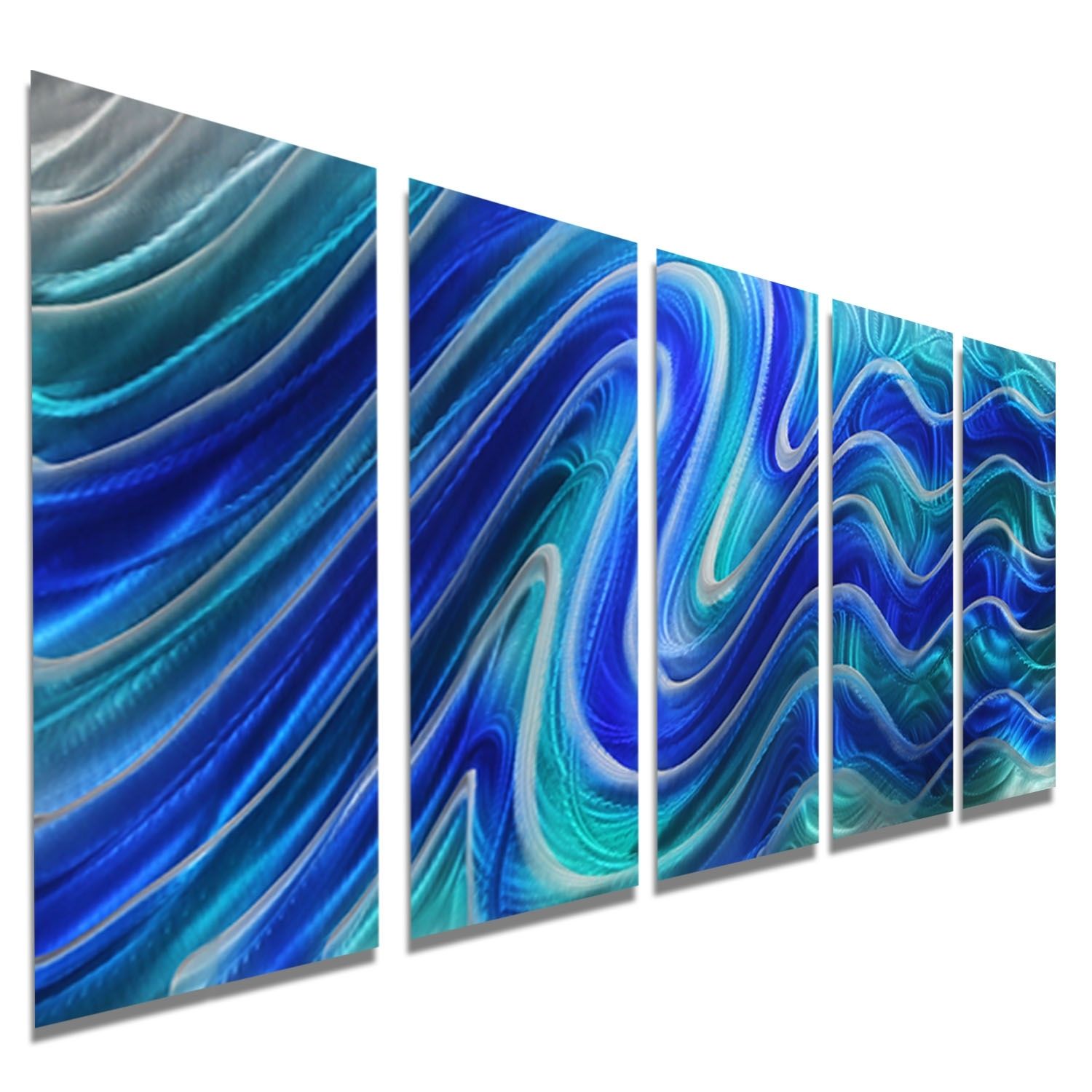Paradise Plunge – Blue, Teal And Silver Metal Wall Art – 5 Panel For Blue Wall Art (View 16 of 20)