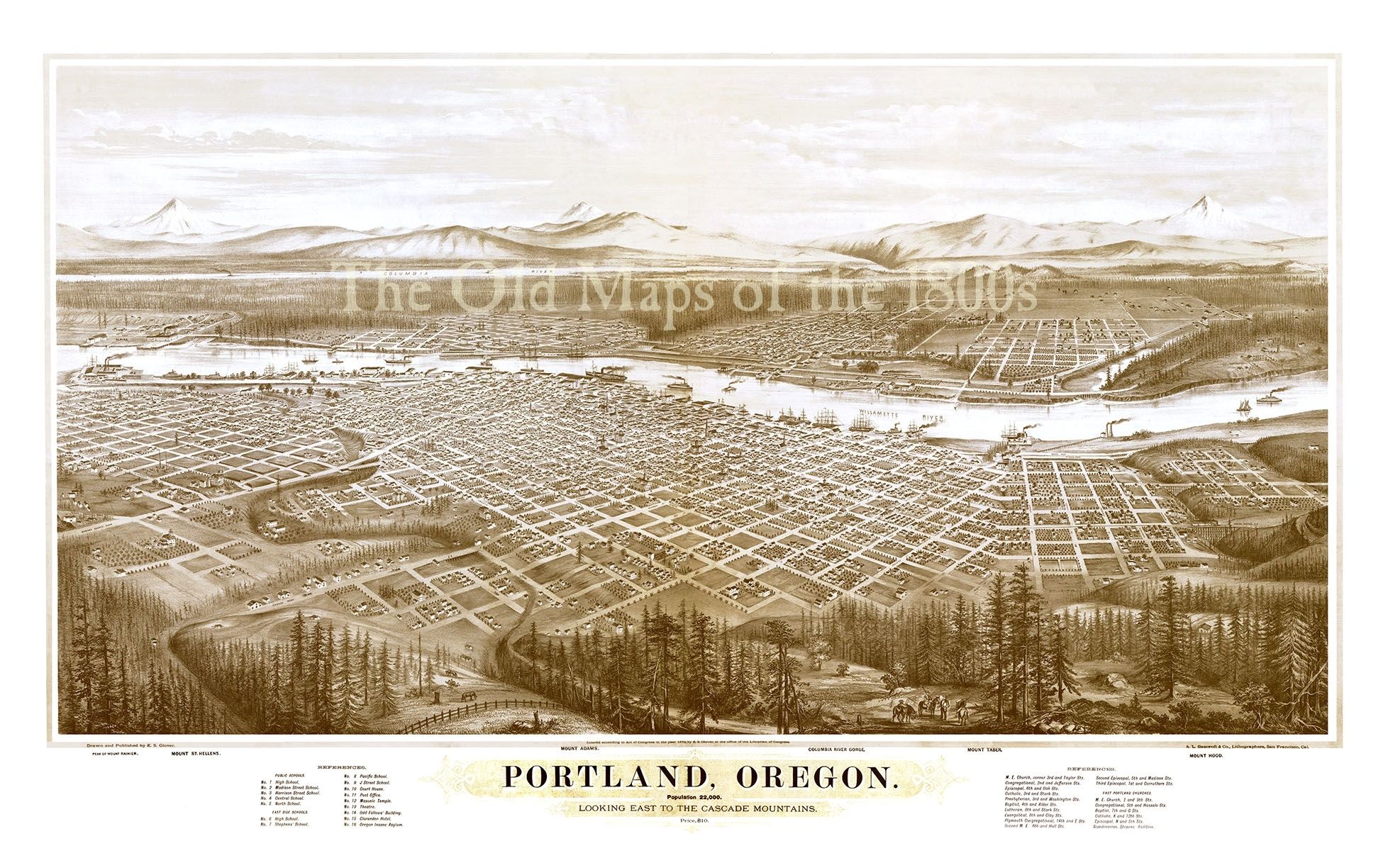 Portland, Oregon In 1879 – Bird's Eye View Map, Aerial Map, Panorama Intended For Portland Map Wall Art (View 3 of 20)