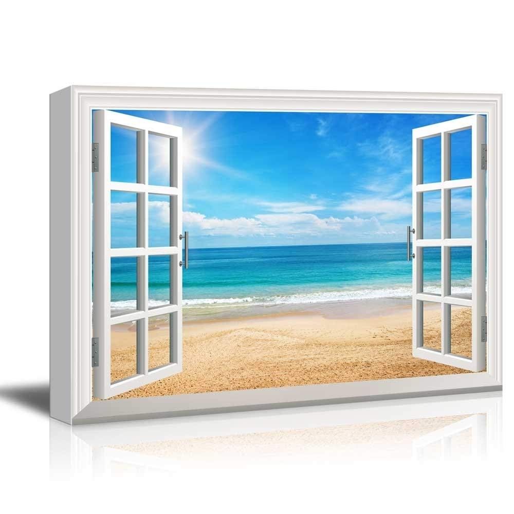 Print Window Frame Style Wall Decor Beach View On A Bright Sunny Day Intended For Window Frame Wall Art (View 15 of 20)