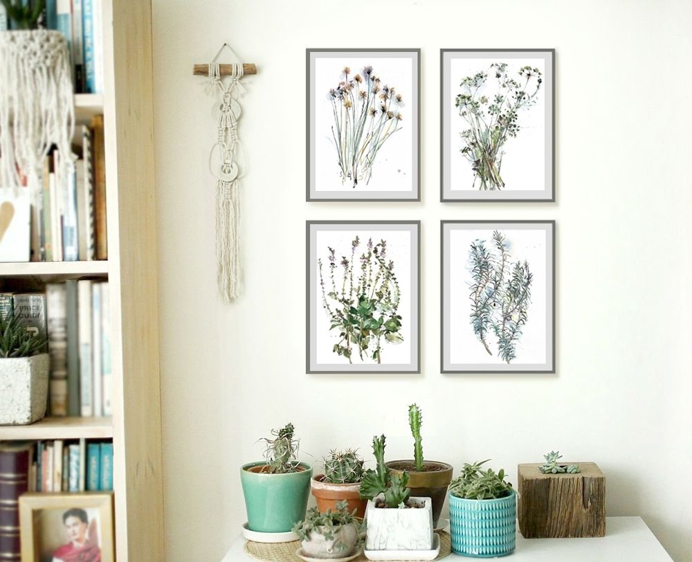 Putonart – Flower Drawing Set Of 4 Prints, Herb Wall Art, Chives Within Herb Wall Art (Photo 14 of 20)