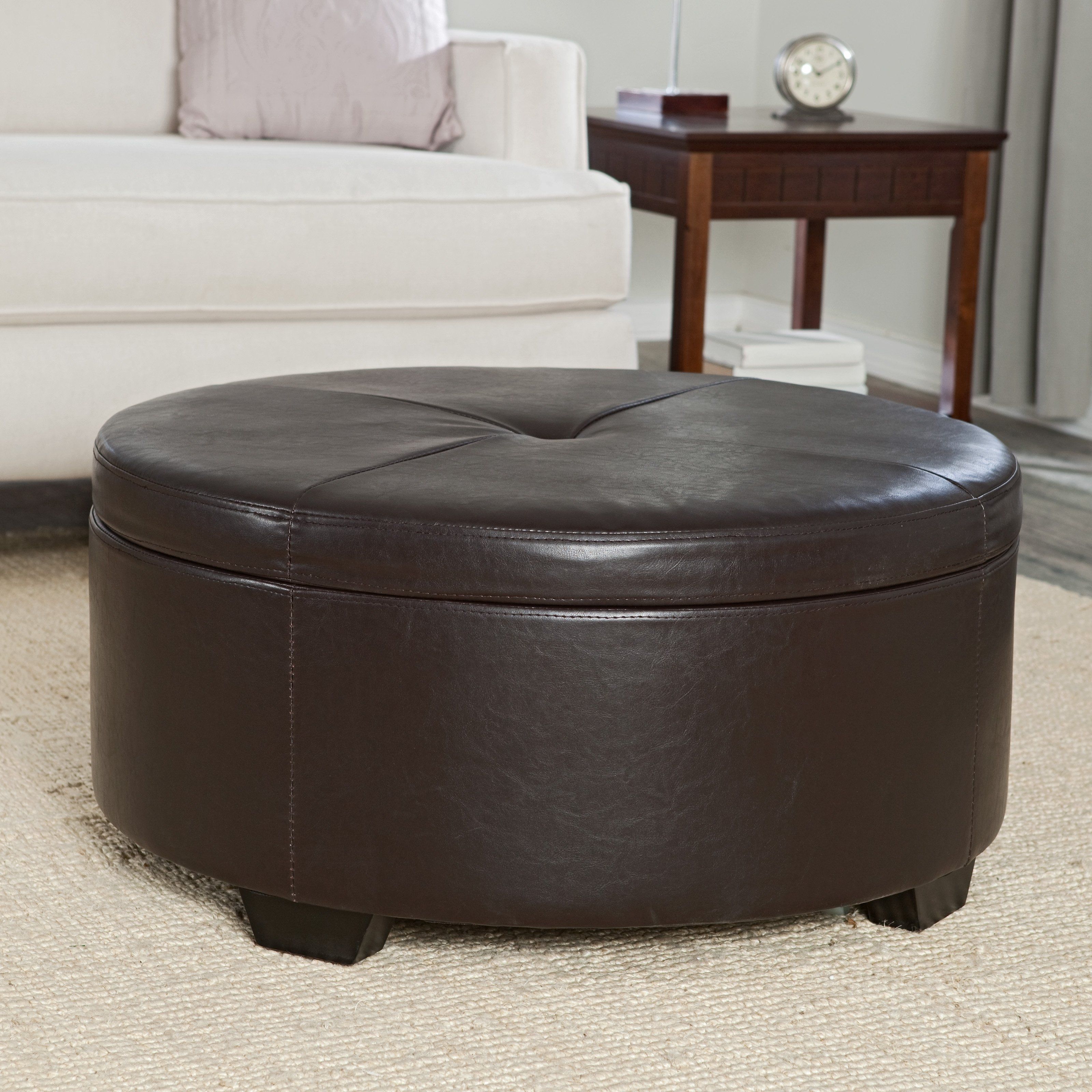 Round Dark Brown Leather Ottoman With Storage Plus Small Black Table Regarding Round Button Tufted Coffee Tables (View 29 of 30)