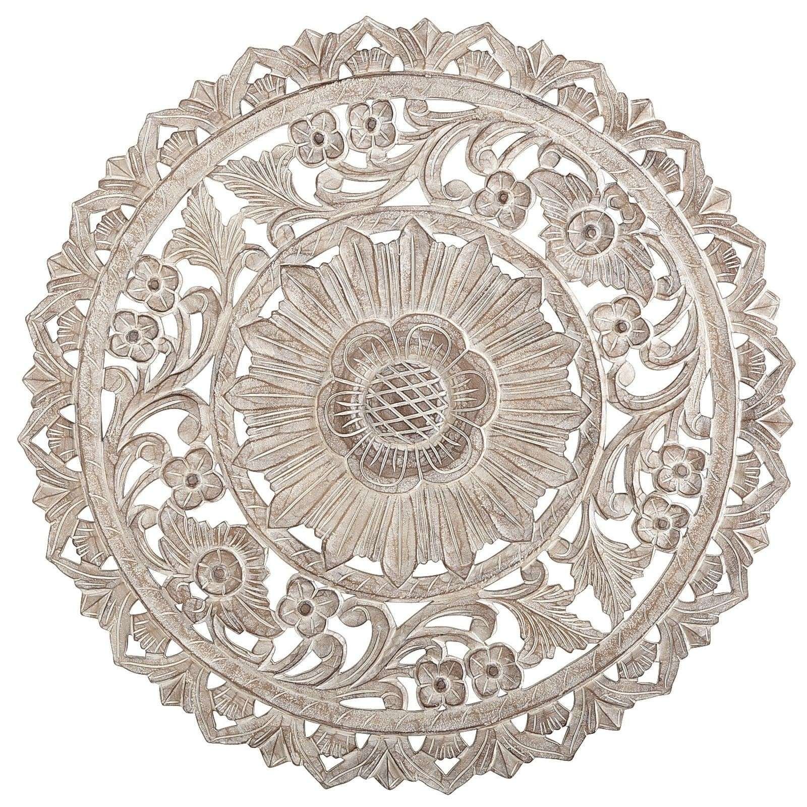 Round Medallion Wall Art White Wood Unique Carved Whitewash Decor Intended For Round Wood Wall Art (View 2 of 20)