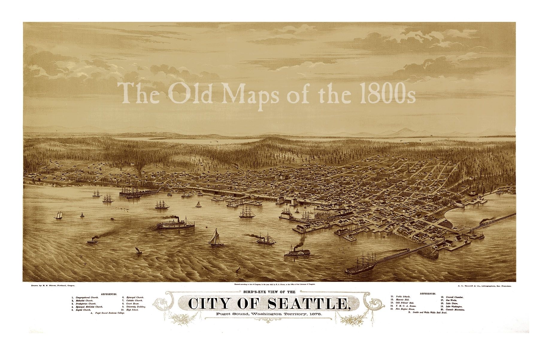 Seattle, Washington In 1878 – Bird's Eye View, Aerial Map, Panorama Regarding Seattle Map Wall Art (Photo 15 of 20)