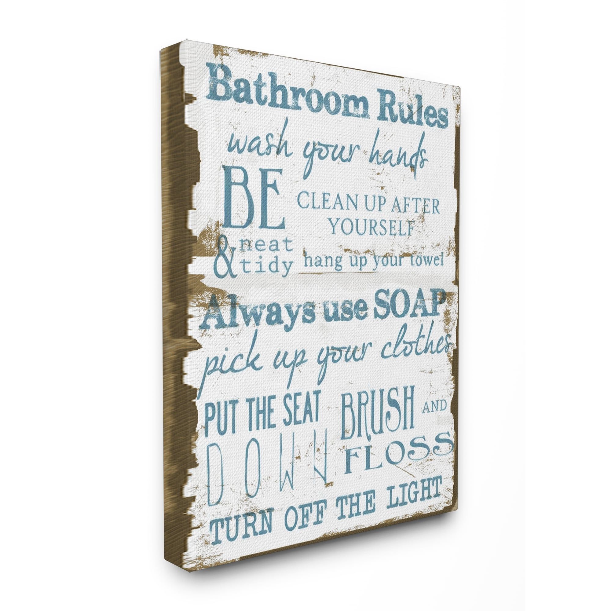 Shop 'bathroom Rules' Brown And Blue Stretched Canvas Wall Art – 16 With Regard To Bathroom Rules Wall Art (View 17 of 20)