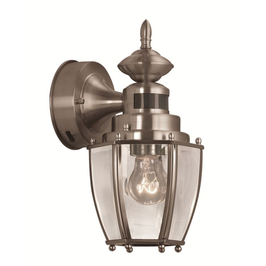 Shop Portfolio 11.75 In H Brushed Nickel Motion Activated Outdoor Within Nickel Outdoor Lanterns (Photo 11 of 20)