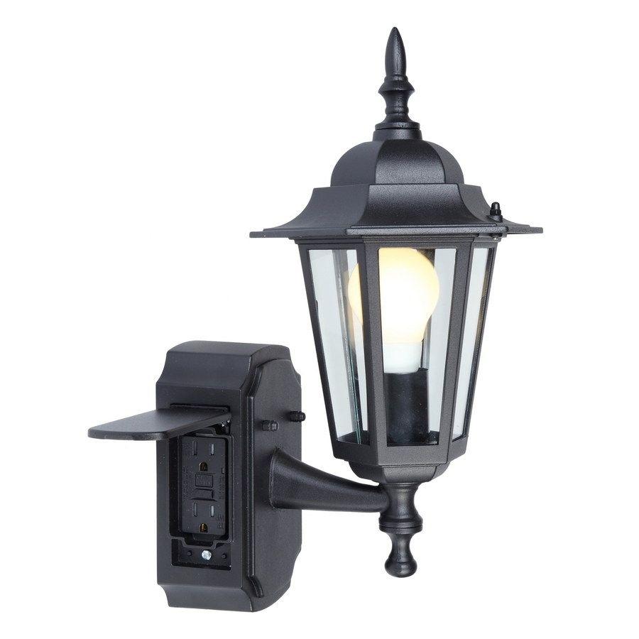 Shop Portfolio Gfci 15.75 In H Black Outdoor Wall Light At Lowes In Plug In Outdoor Lanterns (Photo 10 of 20)