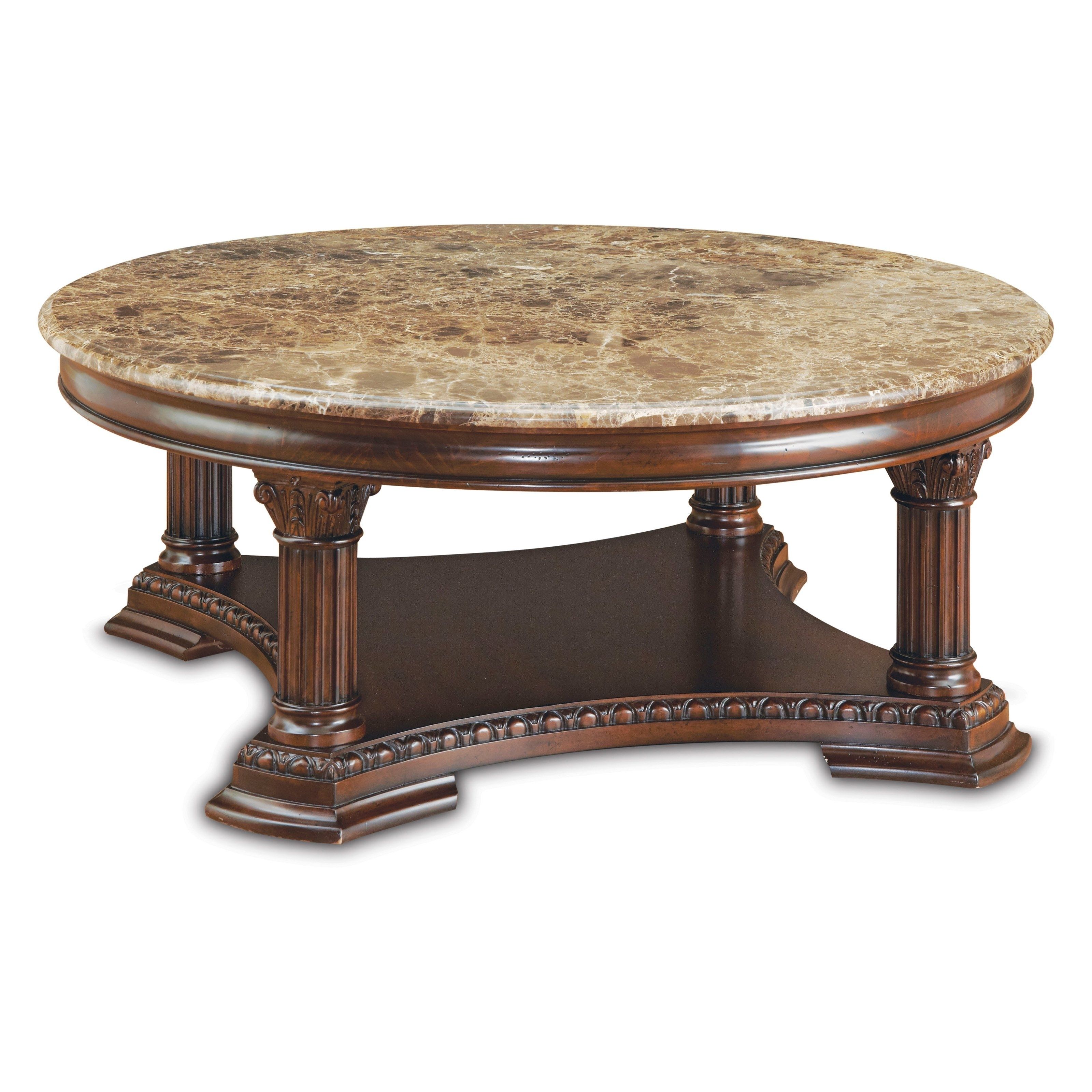 Stylish Carved Wood Coffee Table With Round Brown Polished Teak Wood With Round Carved Wood Coffee Tables (View 18 of 30)