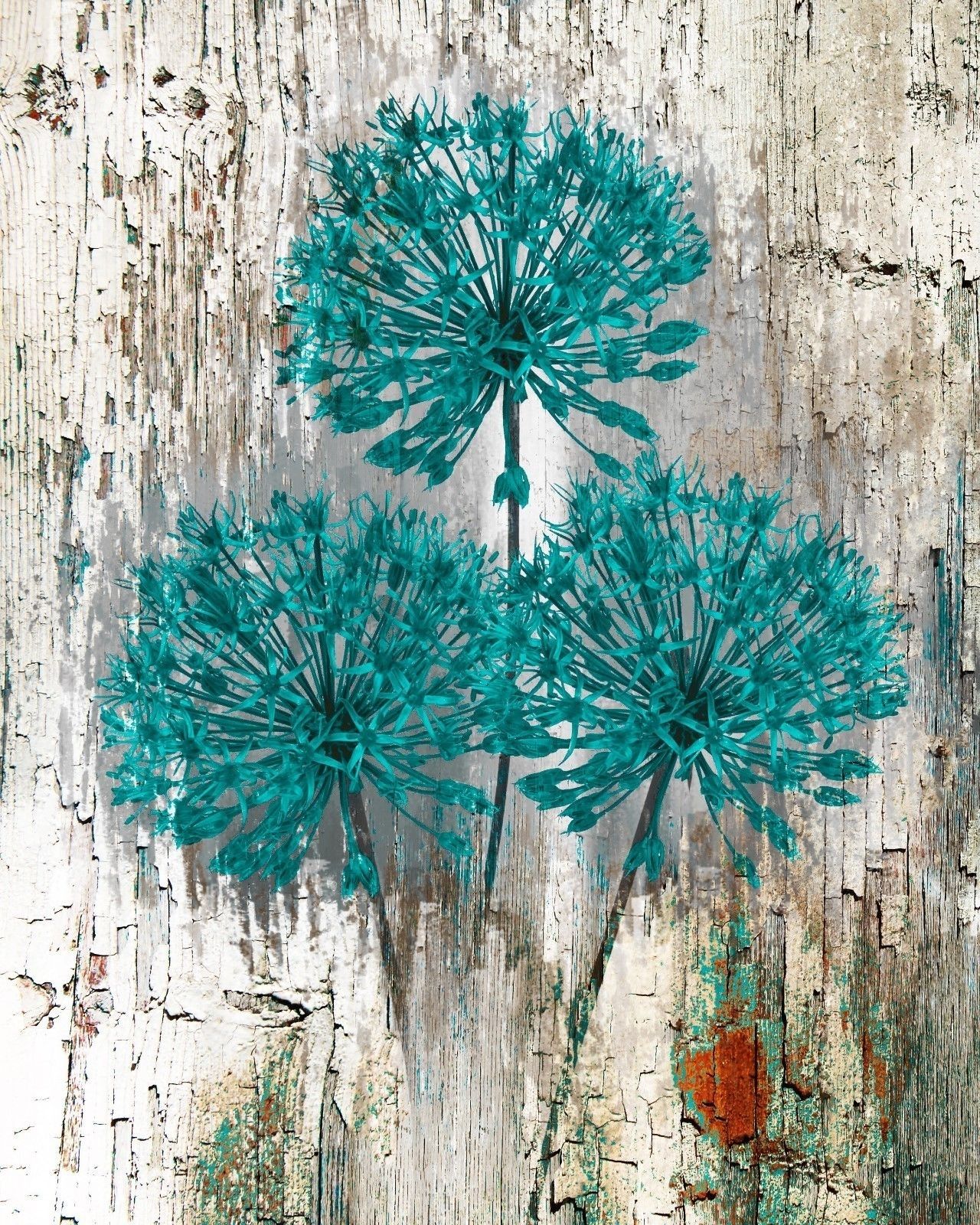 Teal Brown Rustic Distressed Flower Wall Art Home Decor Matted Throughout Teal And Brown Wall Art (View 7 of 20)