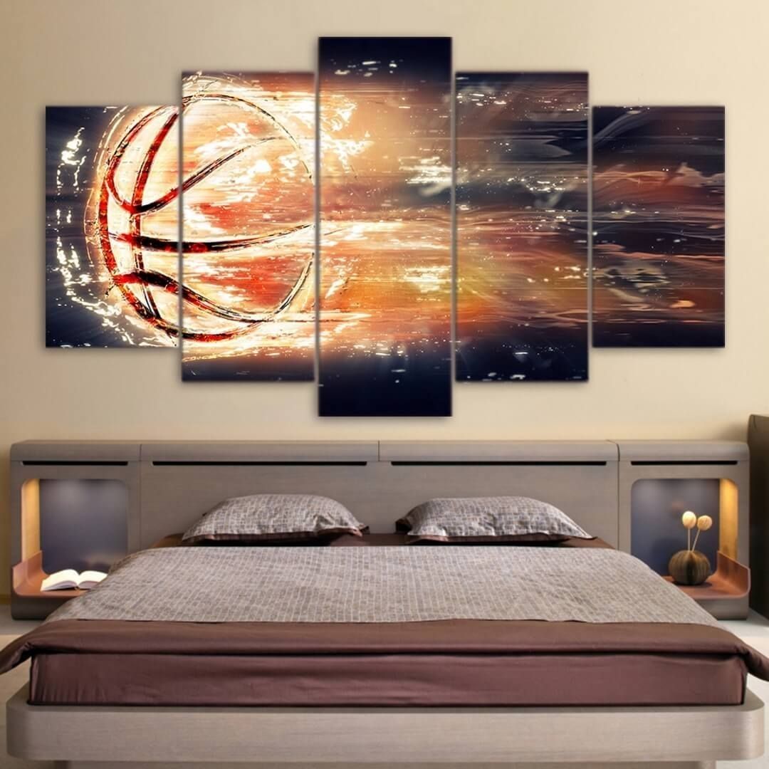 This Stunning Flaming Shot Basketball 5 Piece Canvas Print Brings For Basketball Wall Art (View 7 of 20)
