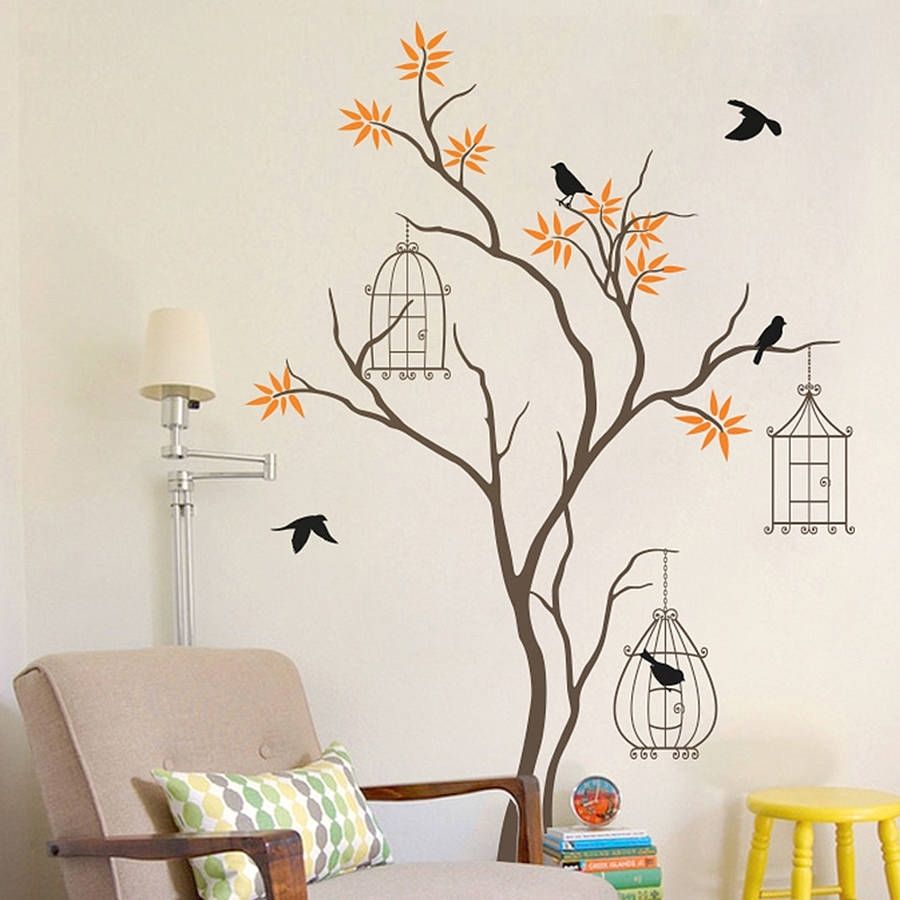 Tree With Birds And Birdcage Wall Decalwall Art With Regard To Tree Wall Art (Photo 9 of 20)