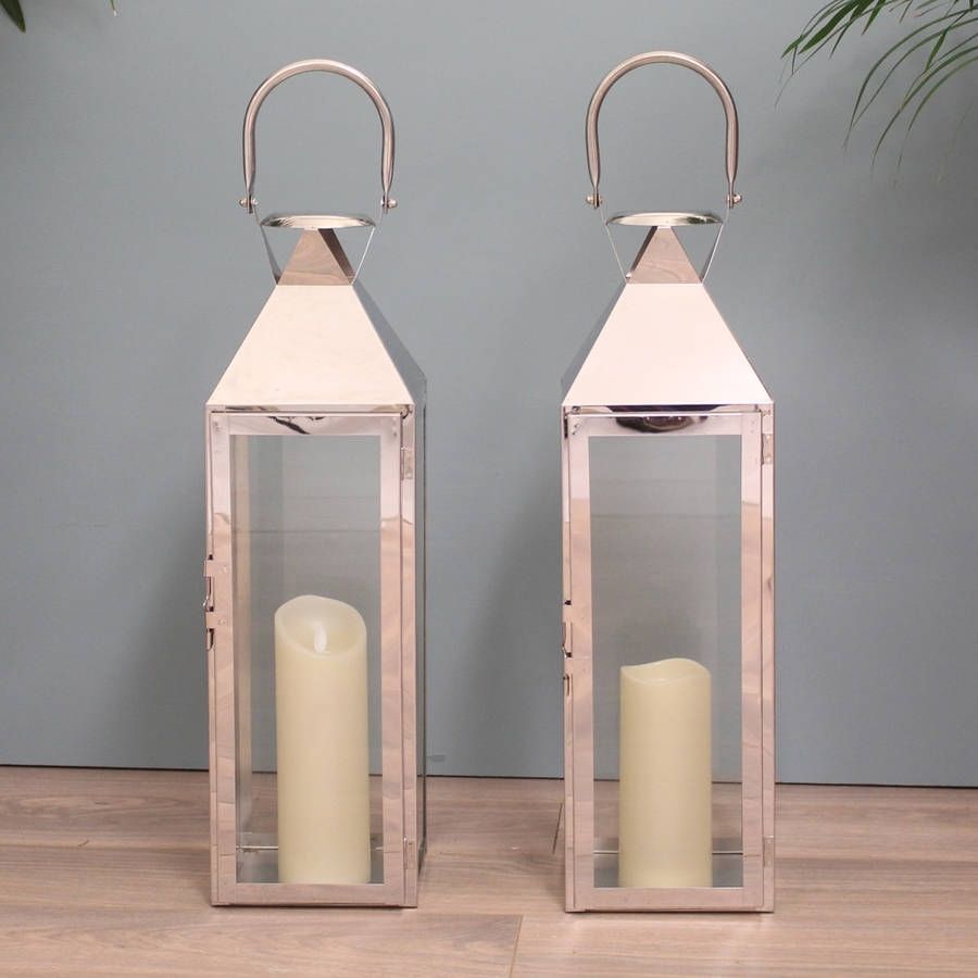 Two Knightsbridge Silver Candle Lanterns 55cmgarden Selections Throughout Outdoor Tea Light Lanterns (View 17 of 20)