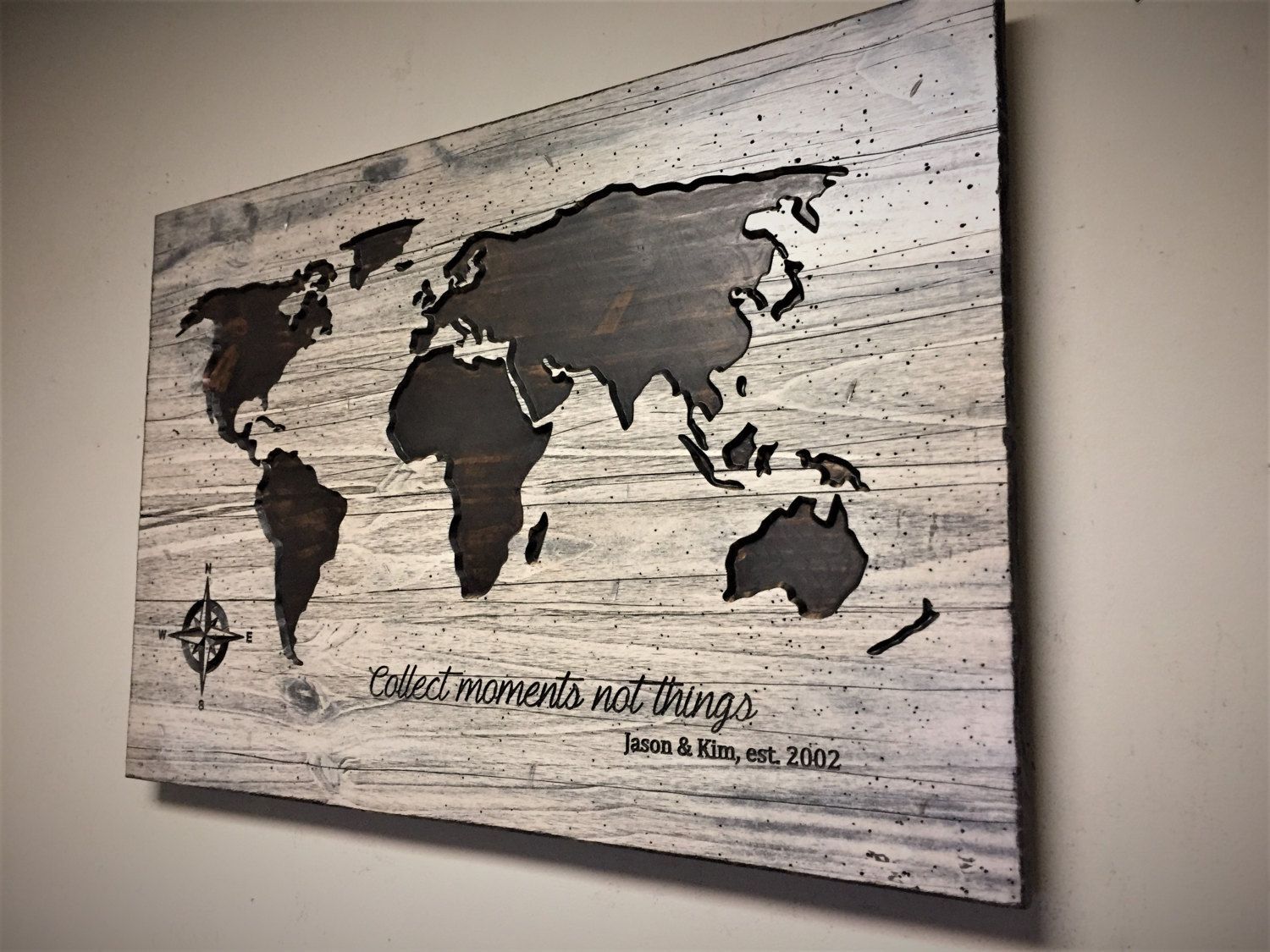 Valentine's Day Gift, Anniversary, Wooden Map, Family Name With Regard To World Map Wood Wall Art (View 14 of 20)