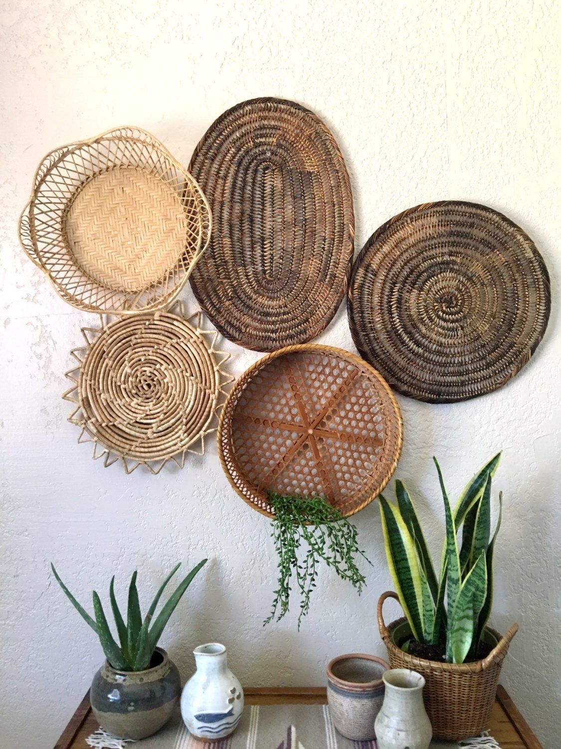 Vintage Oval Brown Woven Wicker Basket / Trivet / Placemat / Wall Art Throughout Woven Basket Wall Art (View 13 of 20)