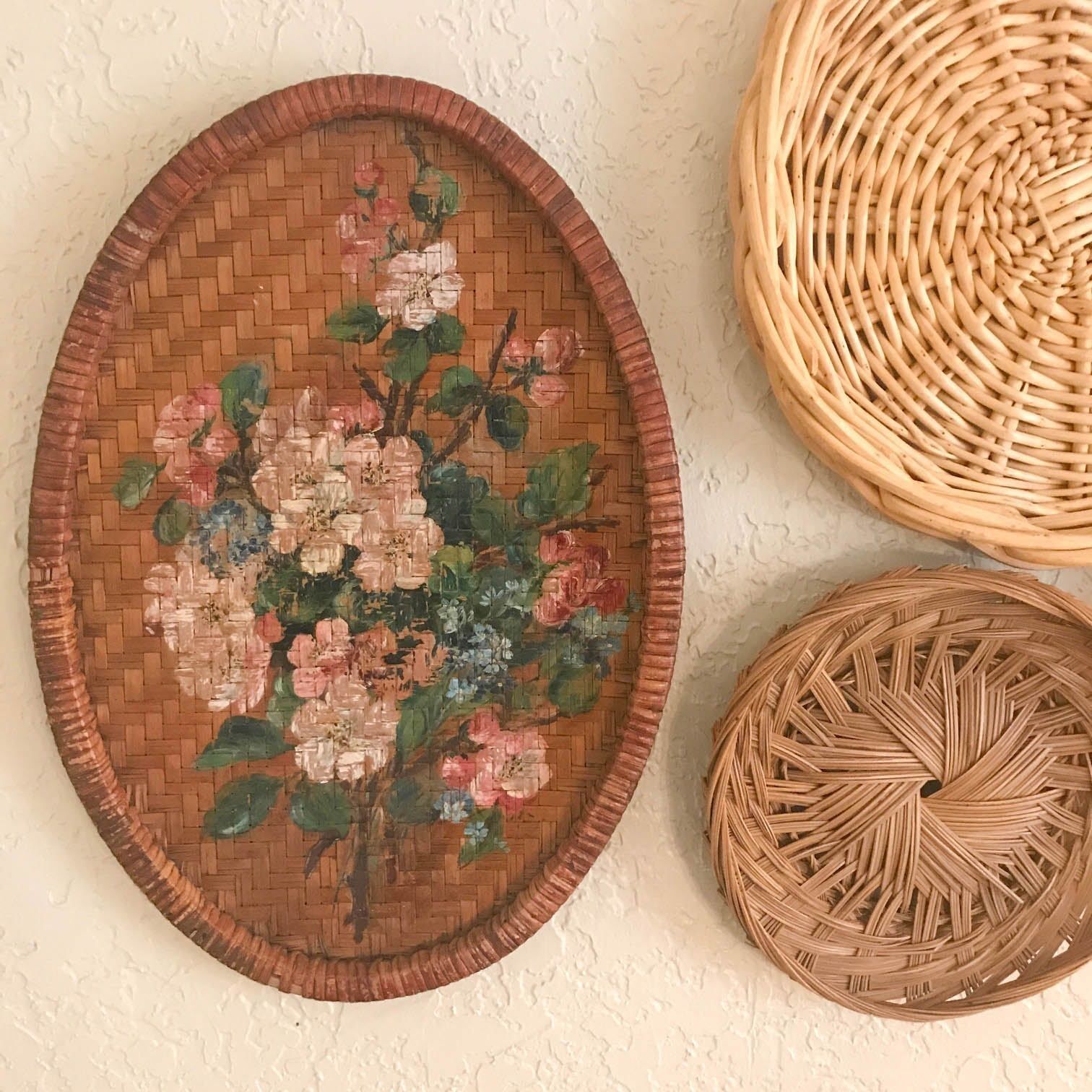 Vintage Wicker Wall Art, Basket Wall Decor, Painted Wicker Wall With Regard To Woven Basket Wall Art (View 12 of 20)