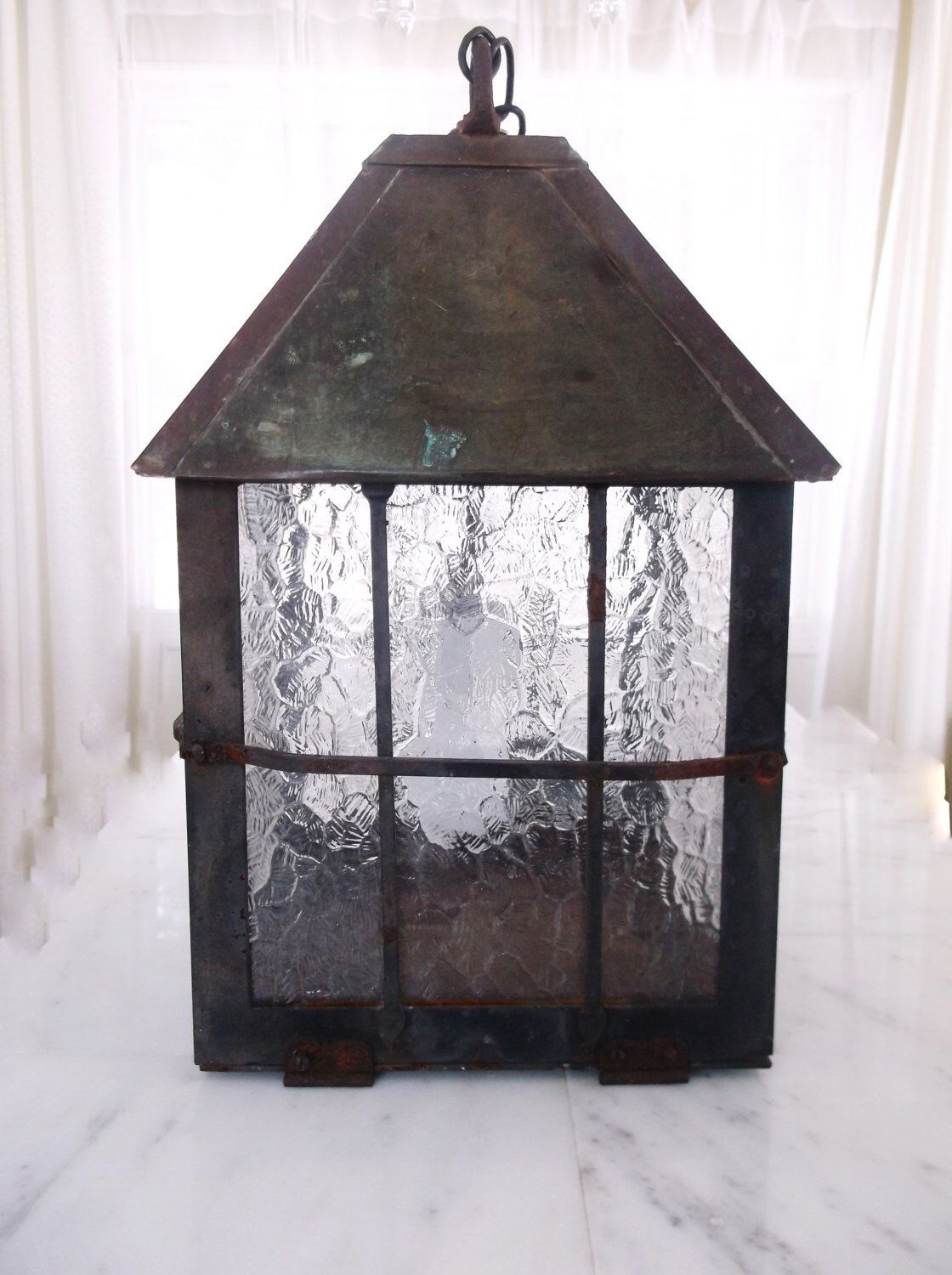Vintage Wrought Iron And Copper Hanging Electrical Lantern Indoor Inside Rustic Outdoor Electric Lanterns (View 14 of 20)