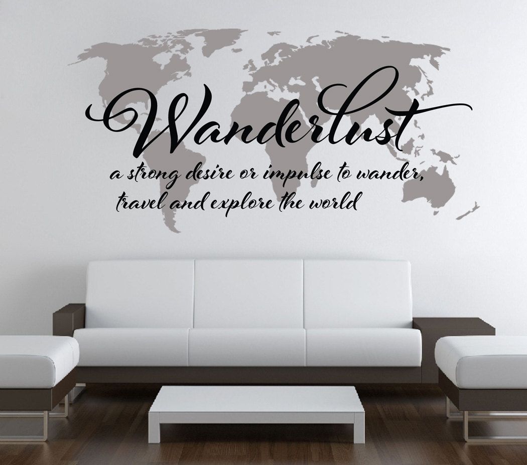 Wanderlust Travel Quote World Map Wall Art Decal · Moonwallstickers Throughout Map Wall Art (View 19 of 20)