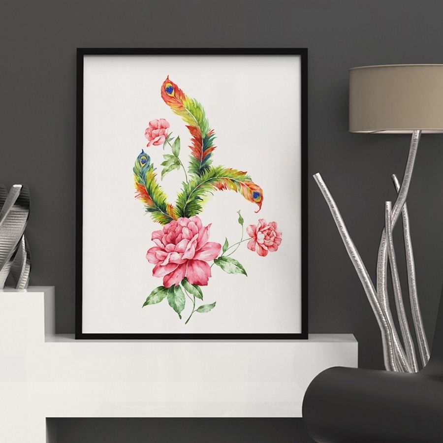 Watercolor Flower Art Paper Peacock Wall Art Kids Room Wall Decor In Peacock Wall Art (View 18 of 20)