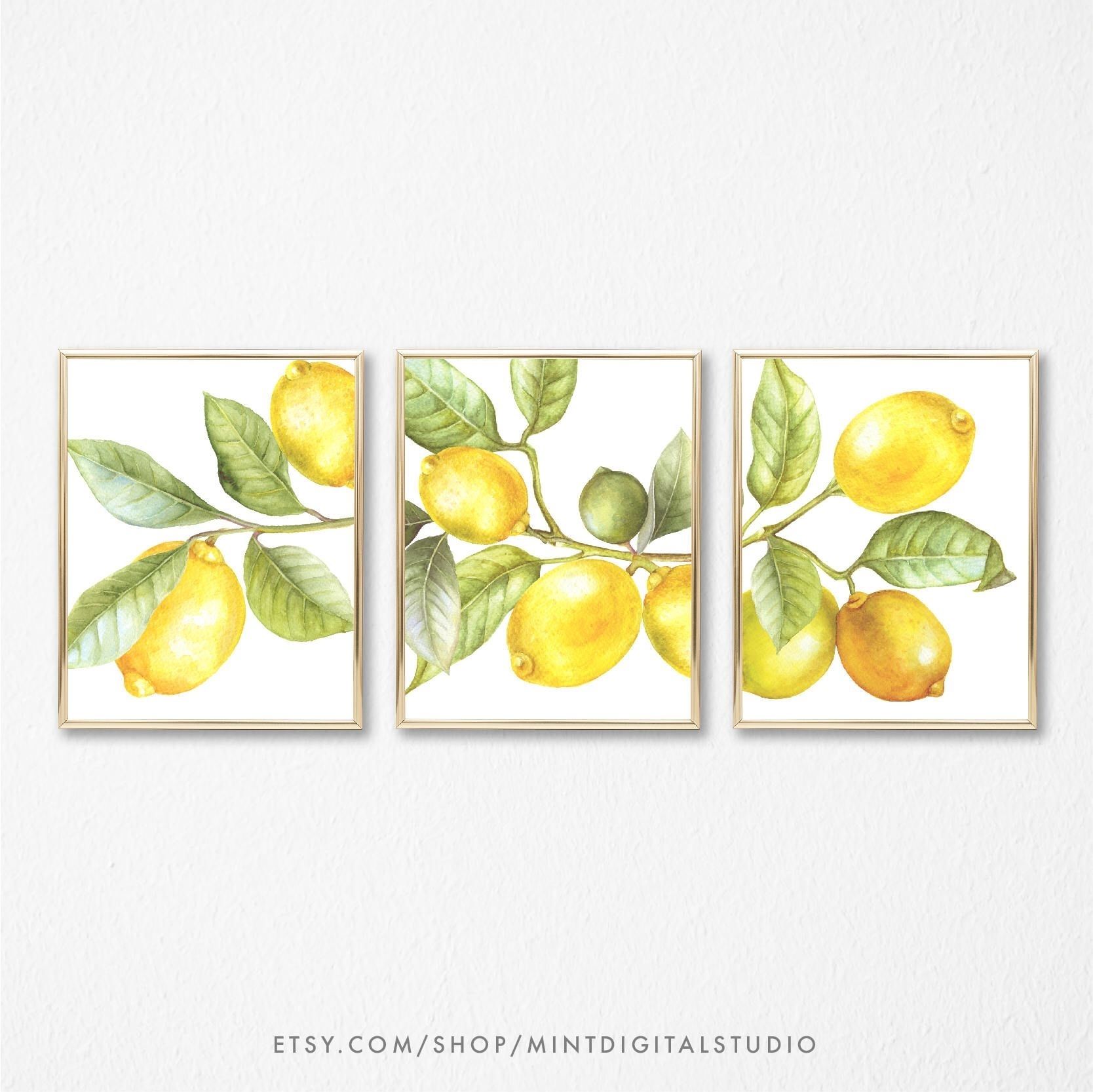 Watercolor Lemon Wall Art, Set Of 3 Yellow Lemon Print, Kitchen With Lemon Wall Art (Photo 10 of 20)