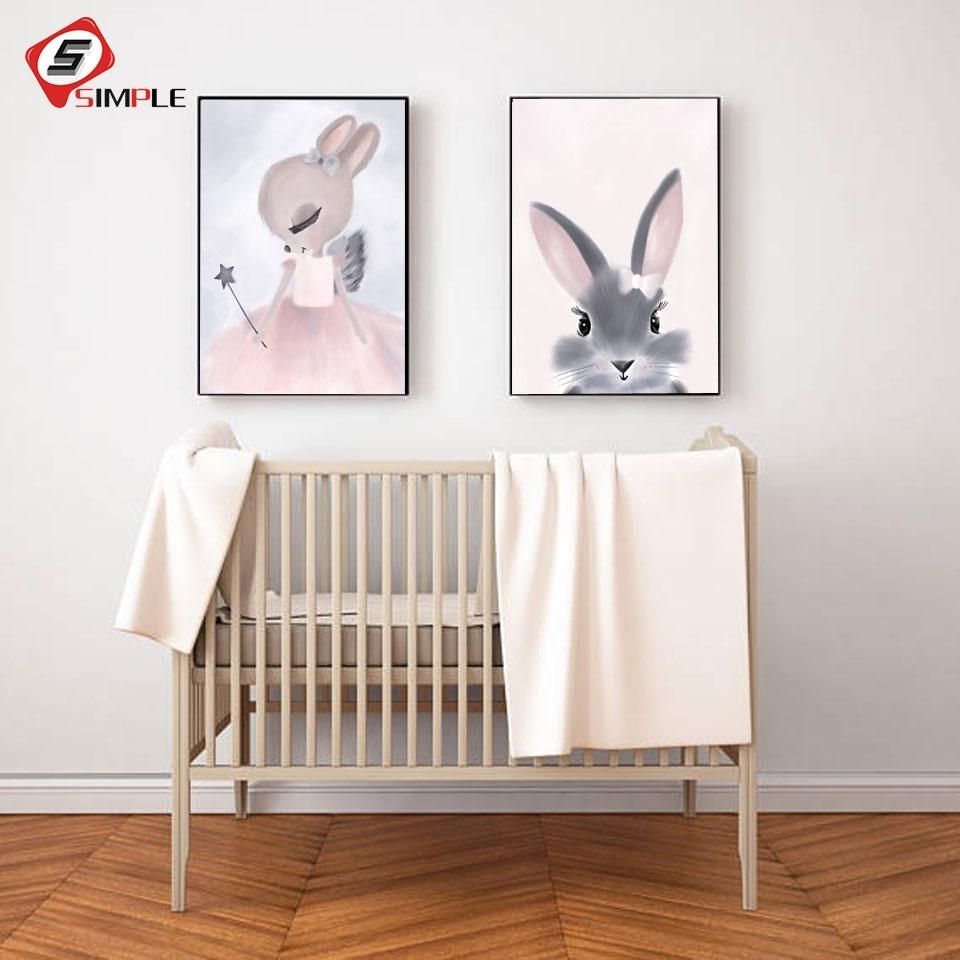 Watercolor Pink Princess Paintings Canvas Bunny Wall Art Poster Intended For Bunny Wall Art (Photo 11 of 20)