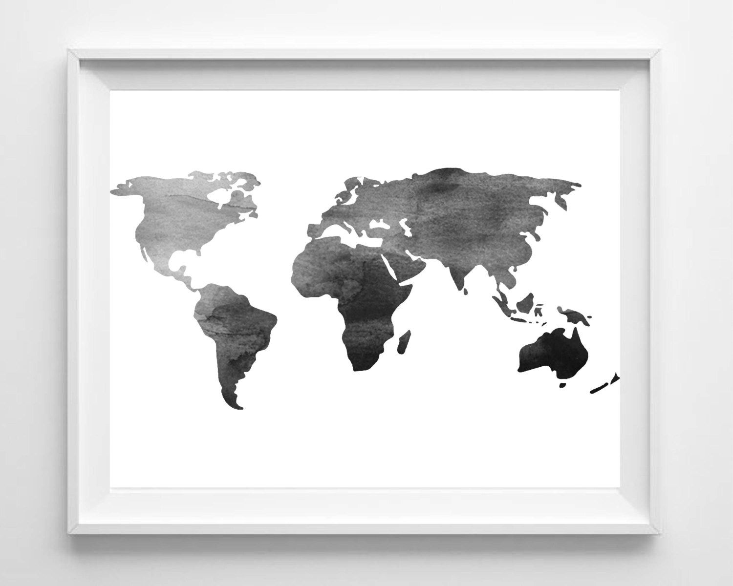 Watercolor World Map Print Printable Black White Wall Art | Etsy Pertaining To White Wall Art (Photo 18 of 20)