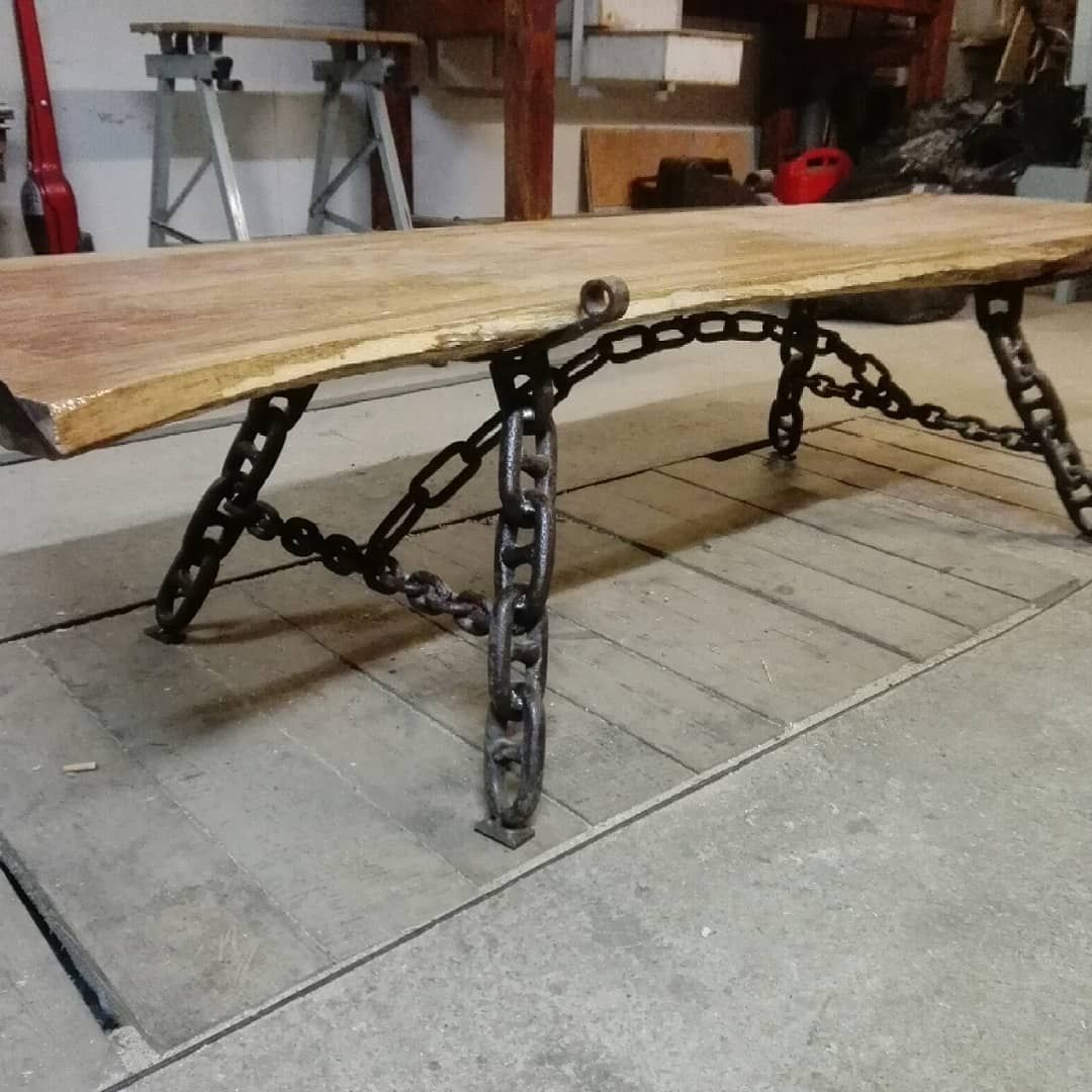 Welded Chain Table With 10cm Thick Oak Plate. Lenght 196cm Width 50 Regarding Aged Iron Cube Tables (Photo 28 of 30)