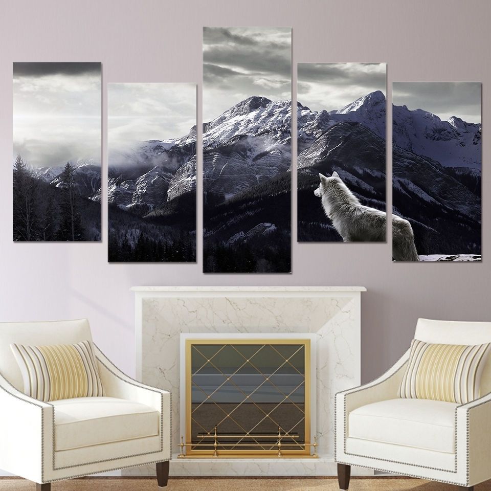 Wolf Canvas 5 Piece Wall Art Prints Snow Mountain Picture Large Home Regarding Large Canvas Wall Art (View 2 of 20)