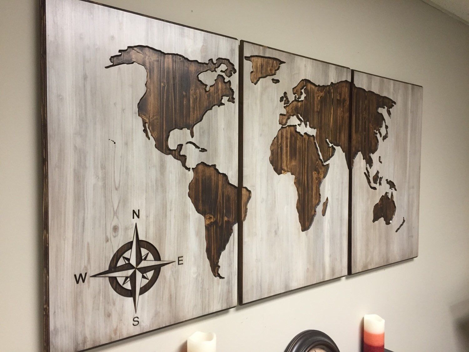 Wood World Map Wall Art, Carved 3 Panel Home Decor, Wood Wall Art Pertaining To Map Wall Art (Photo 1 of 20)