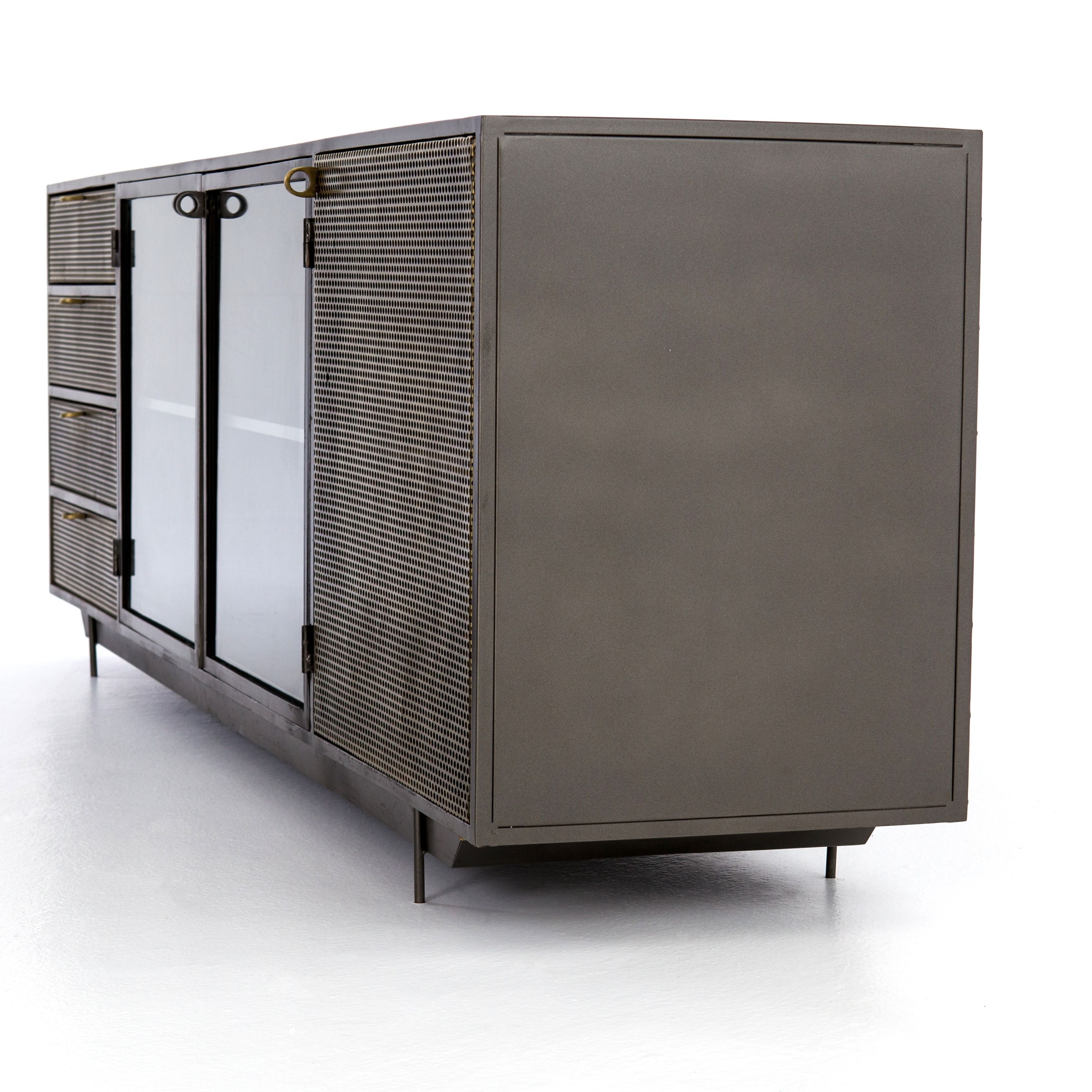 83" L Romolo Media Console Iron Glass Perforated Brass Clear In Gunmetal Perforated Brass Sideboards (View 20 of 30)