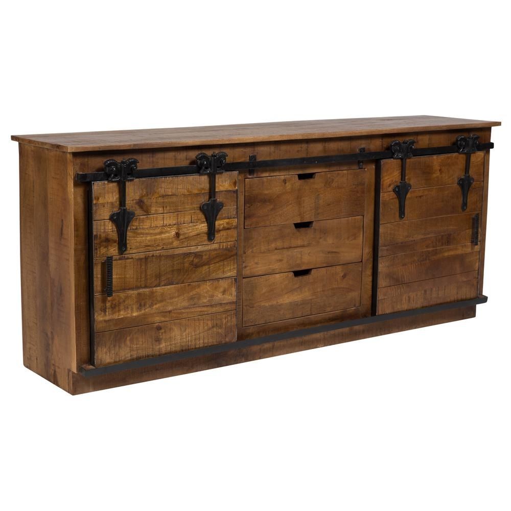 Barn Door Transitional Sliding Door Sideboard In Mango Wood And Cast Within Metal Framed Reclaimed Wood Sideboards (View 19 of 30)