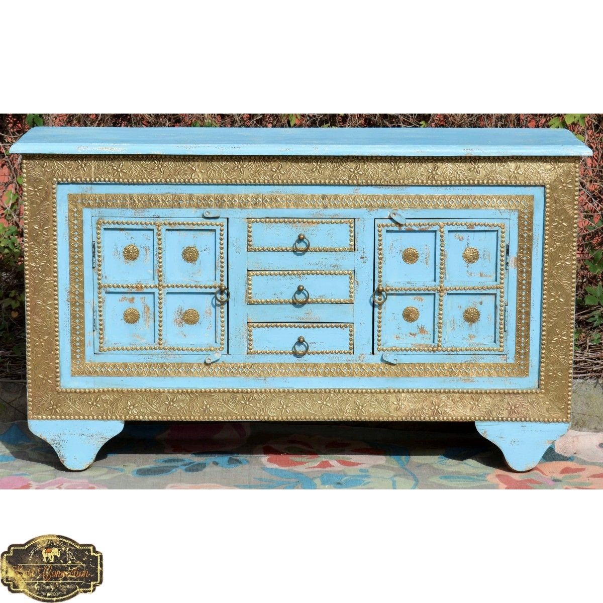 Boho Blue Vintage Brass Sideboard Cabinet In Aged Brass Sideboards (Photo 29 of 30)