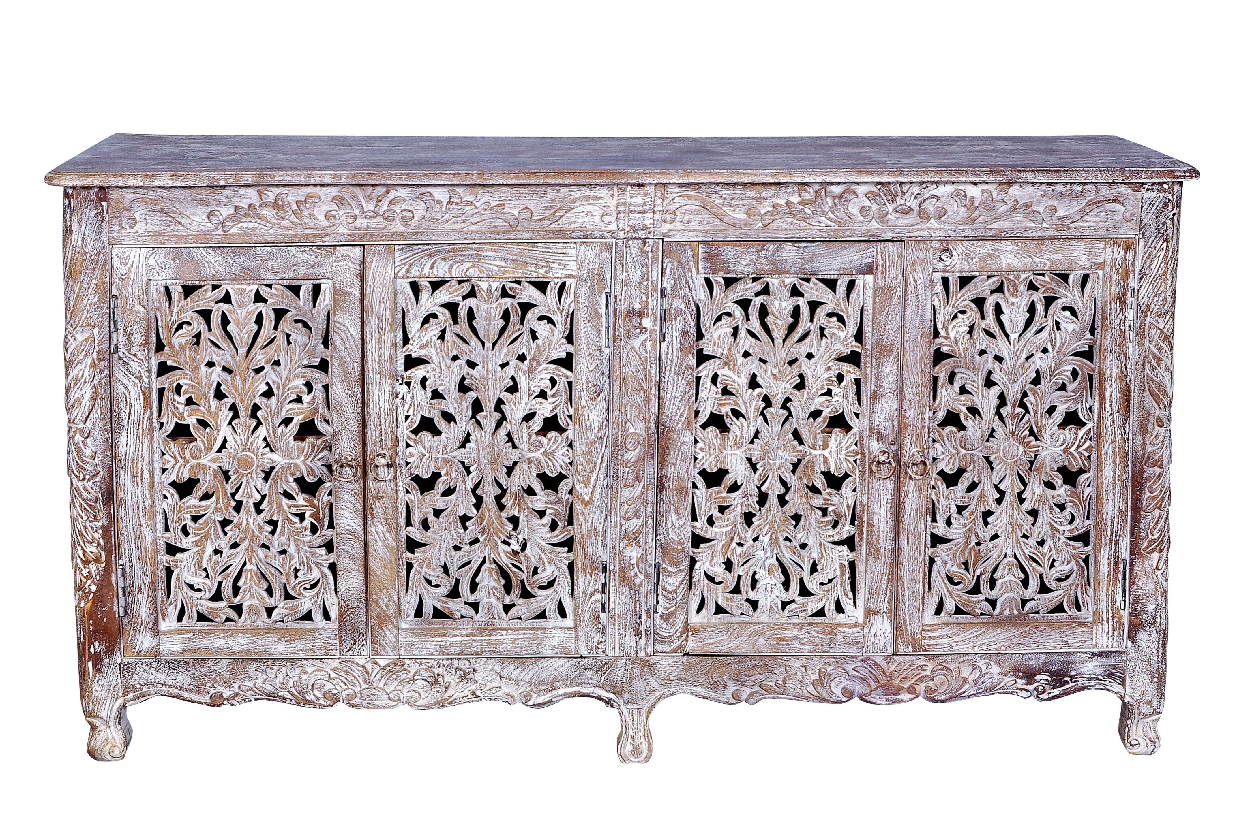 Bungalow Rose Aveliss Carved 4 Door Antique Whitewash Sideboard Inside Antique Walnut Finish 2 Door/4 Drawer Sideboards (View 28 of 30)