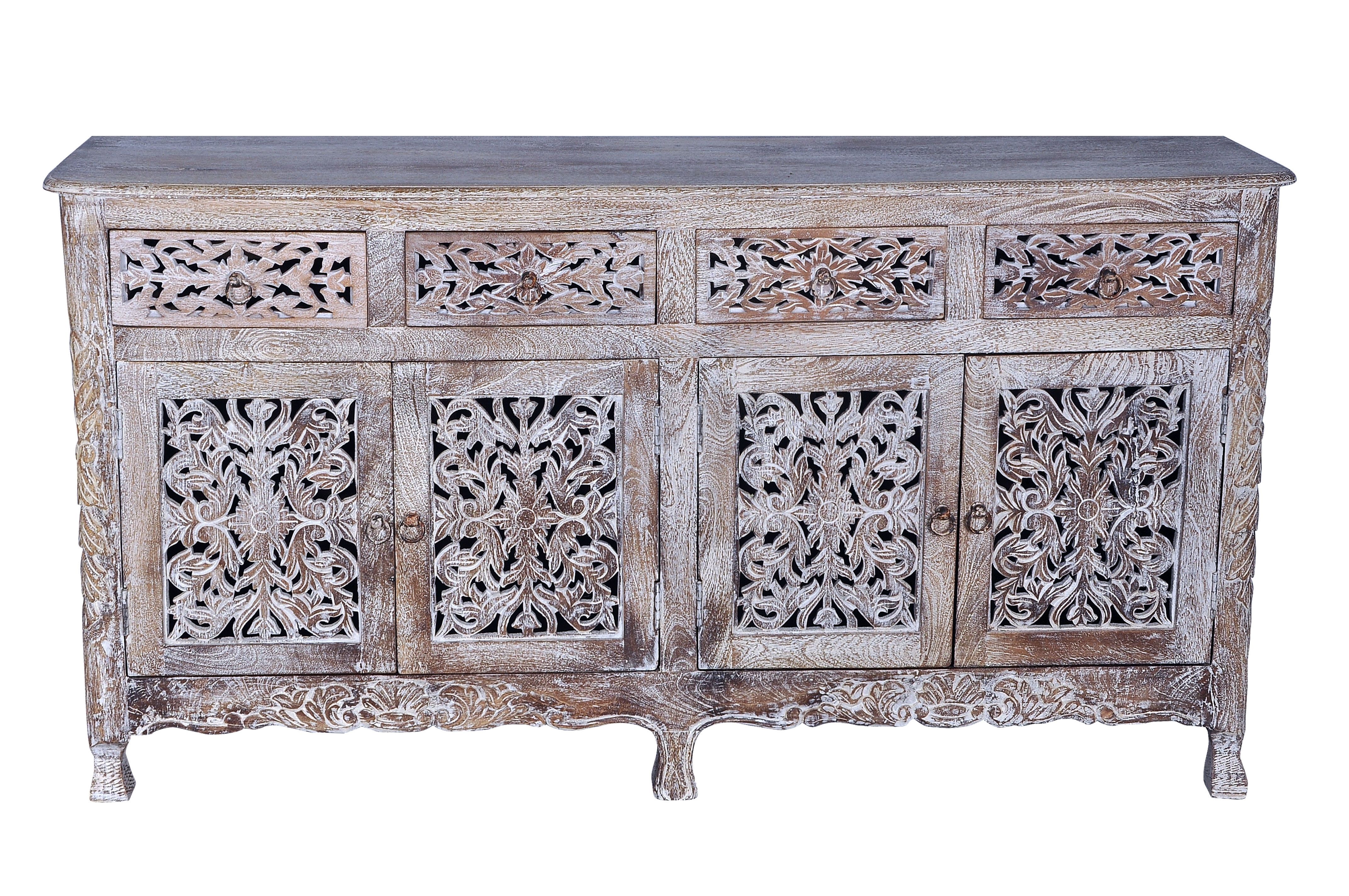Bungalow Rose Aveliss Carved 4 Door Hand Carved Sideboard | Wayfair In Open Shelf Brass 4 Drawer Sideboards (View 18 of 30)