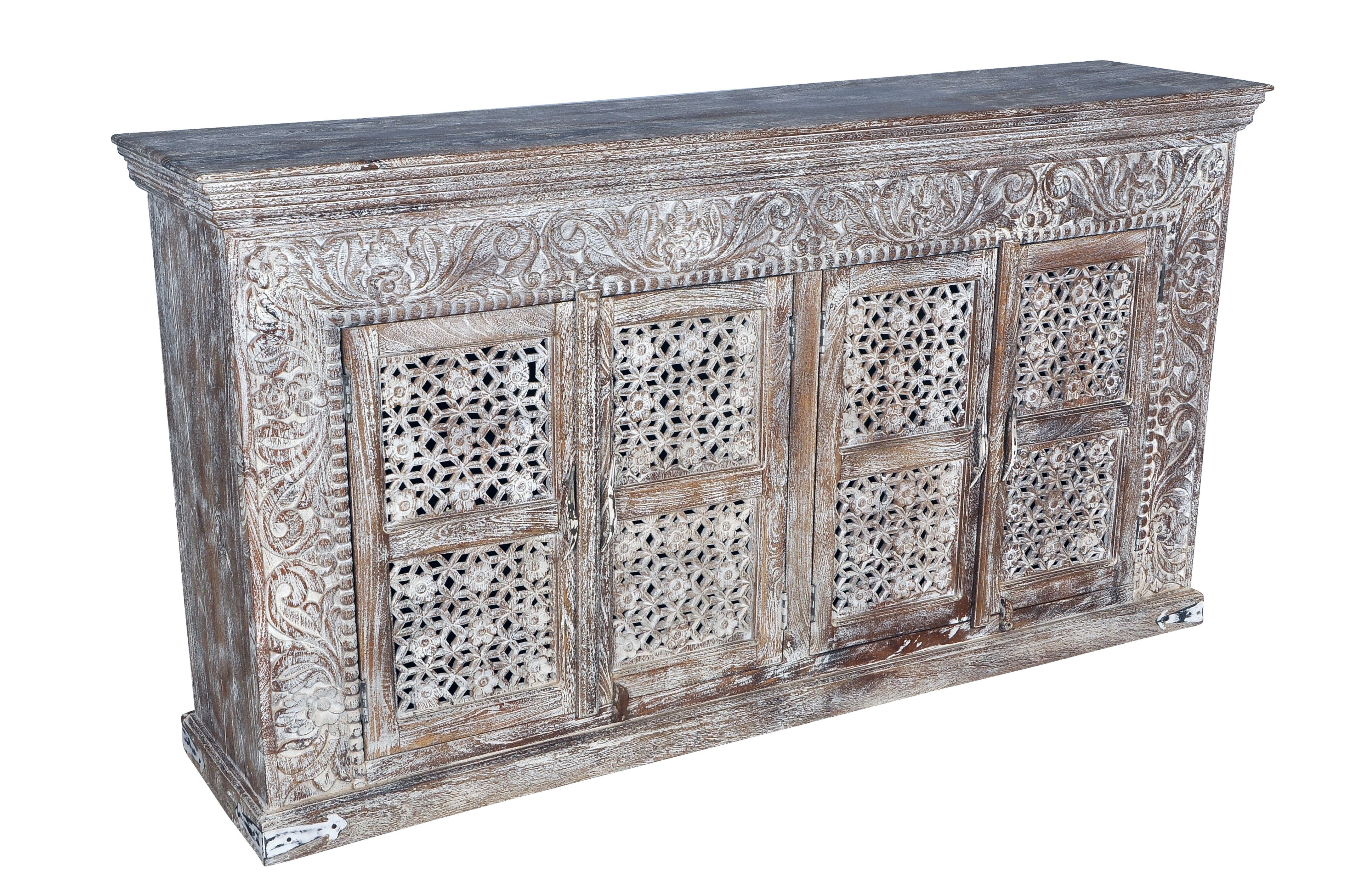 Bungalow Rose Aveliss Carved 4 Door Sideboard | Wayfair Intended For Open Shelf Brass 4 Drawer Sideboards (View 14 of 30)