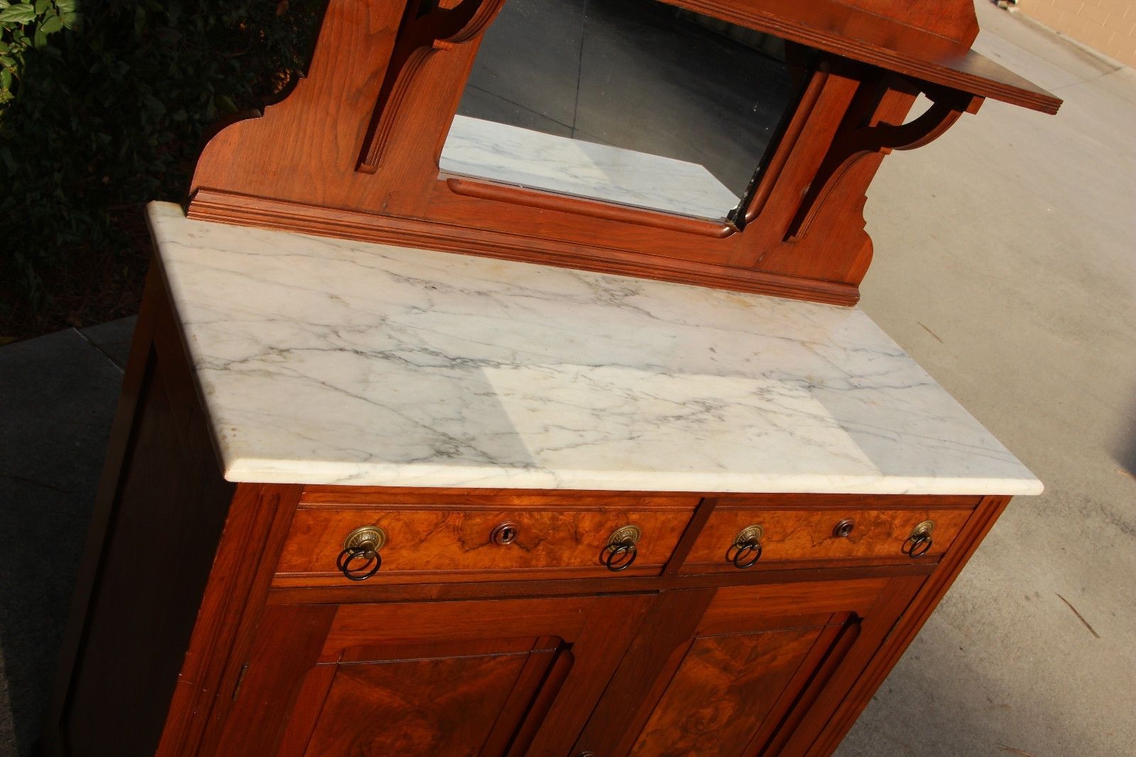 Burl Walnut Victorian Marble Top Eastlake Sideboard With Fan Carved With Walnut Finish Crown Moulding Sideboards (View 11 of 30)