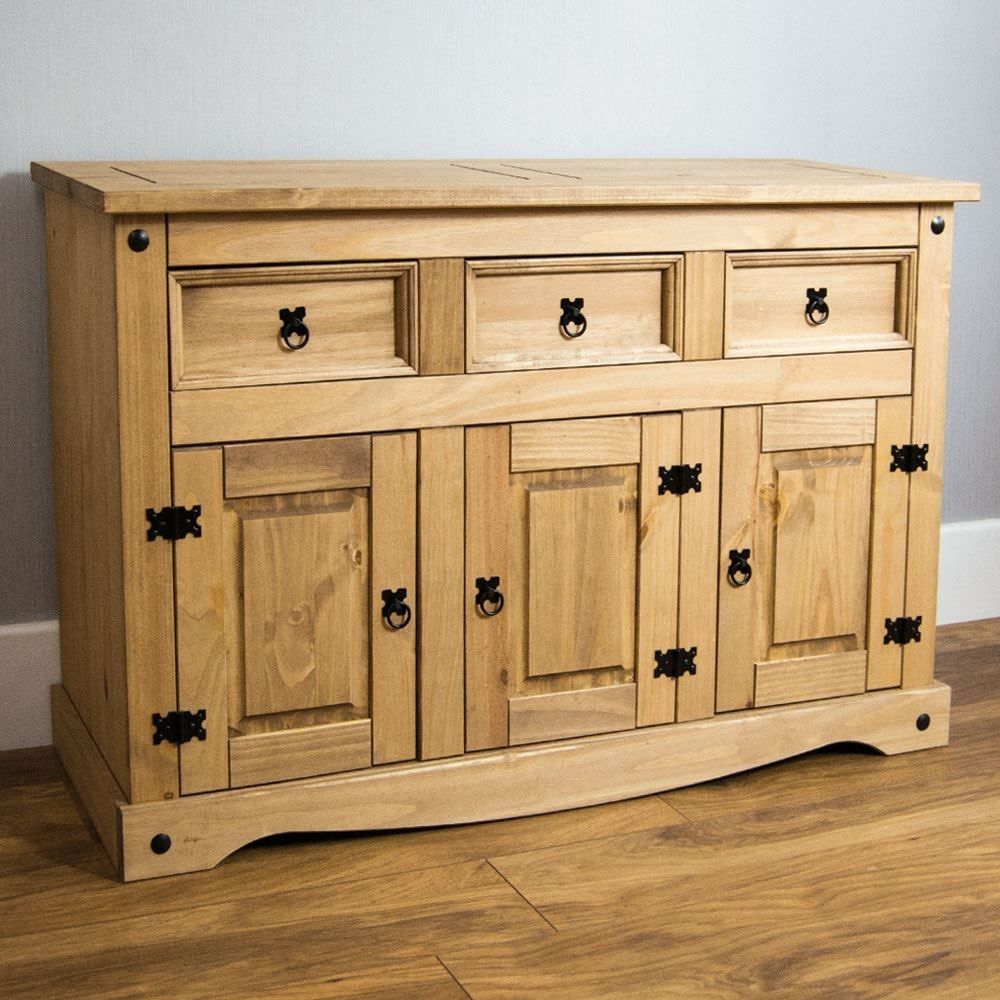 Clearance Corona 3 Door 3 Drawer Sideboard Solid Pine Mexican Regarding Iron Pine Sideboards (View 7 of 30)