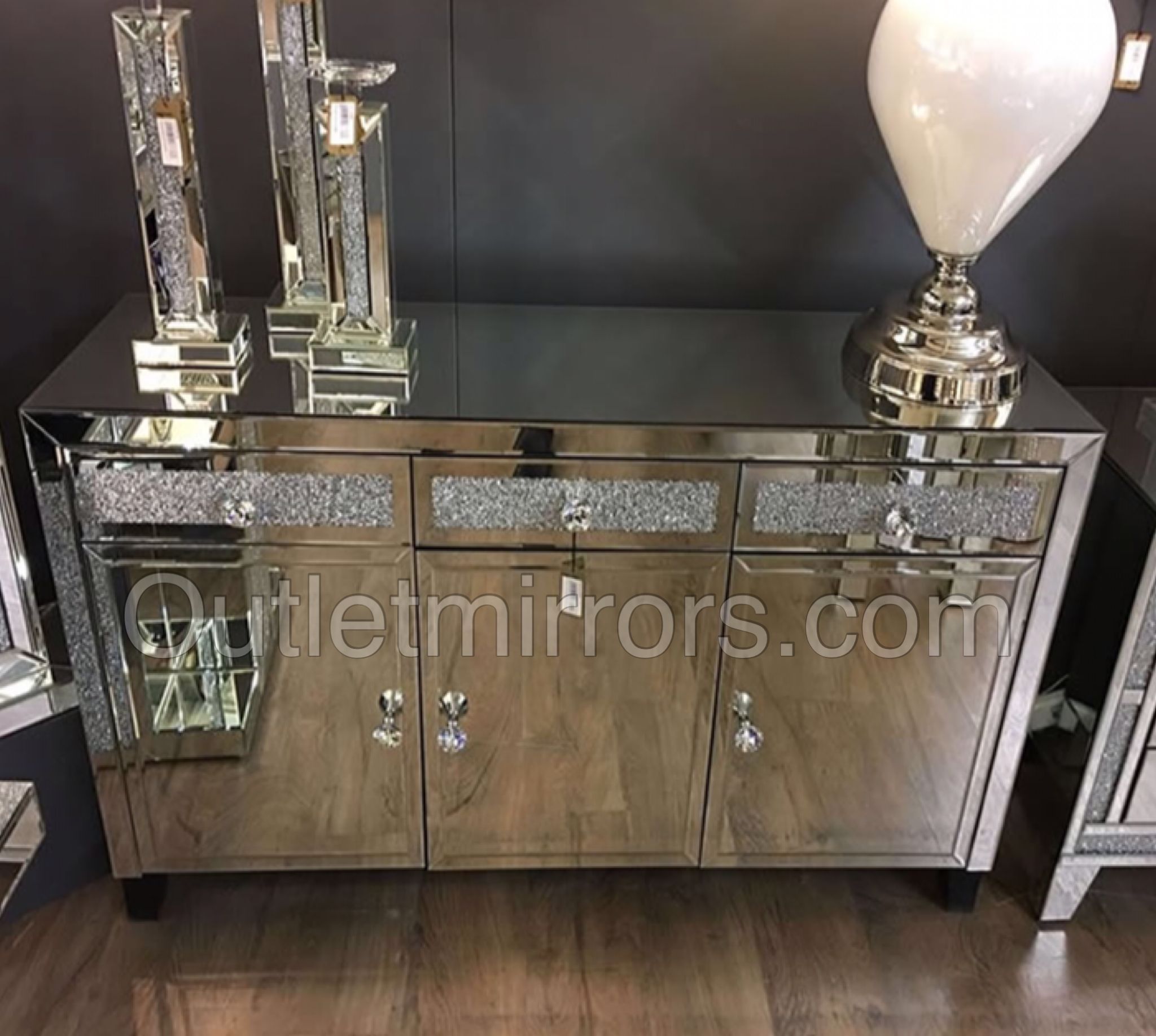 Diamond Crush Sparkle Mirrored 3 Draw / 3 Door Sideboard | Living For Solar Refinement Sideboards (View 9 of 30)