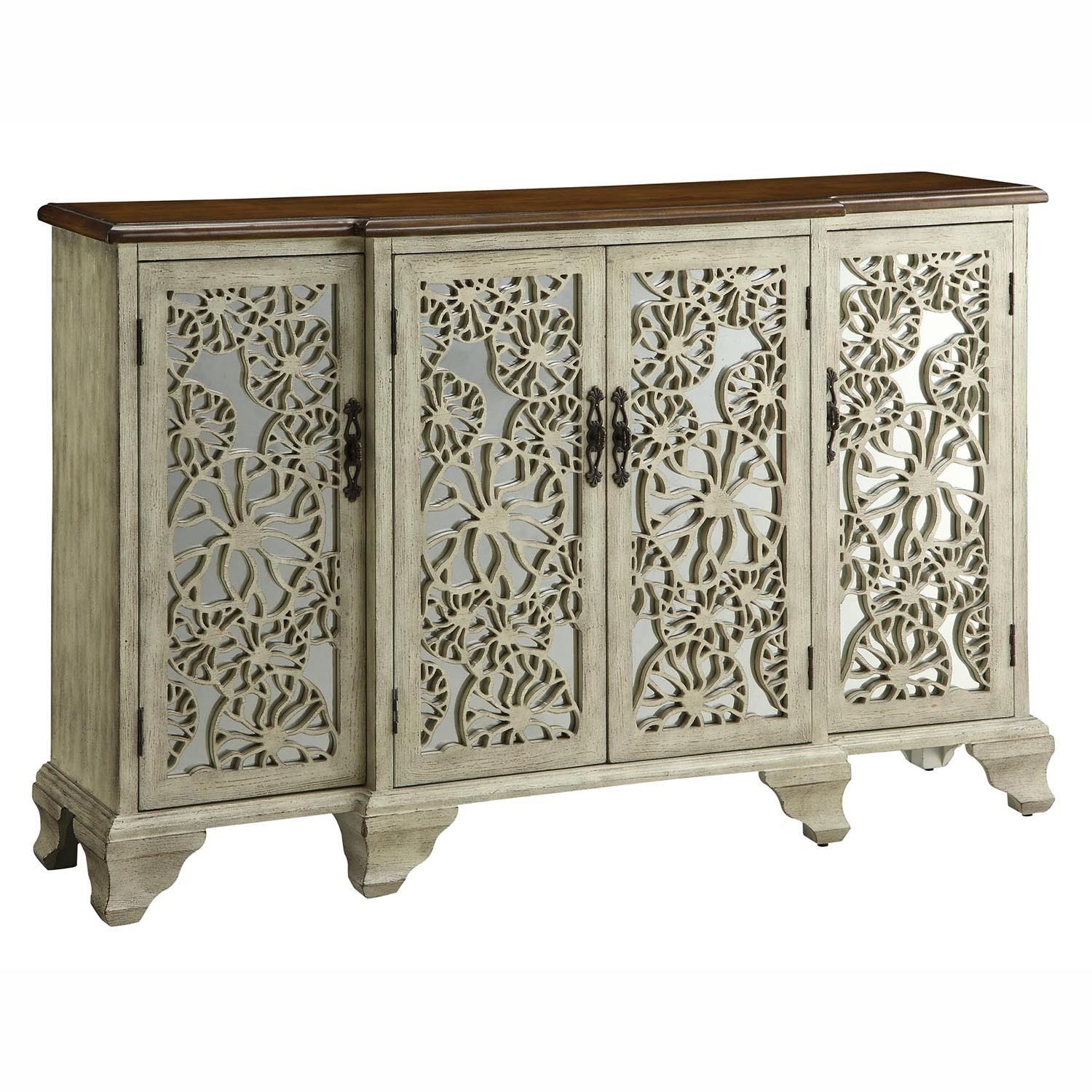 Gorgeous Antique White Wood 4 Mirrored Doors Sideboard Buffet In Aged Mirrored 4 Door Sideboards (View 3 of 30)