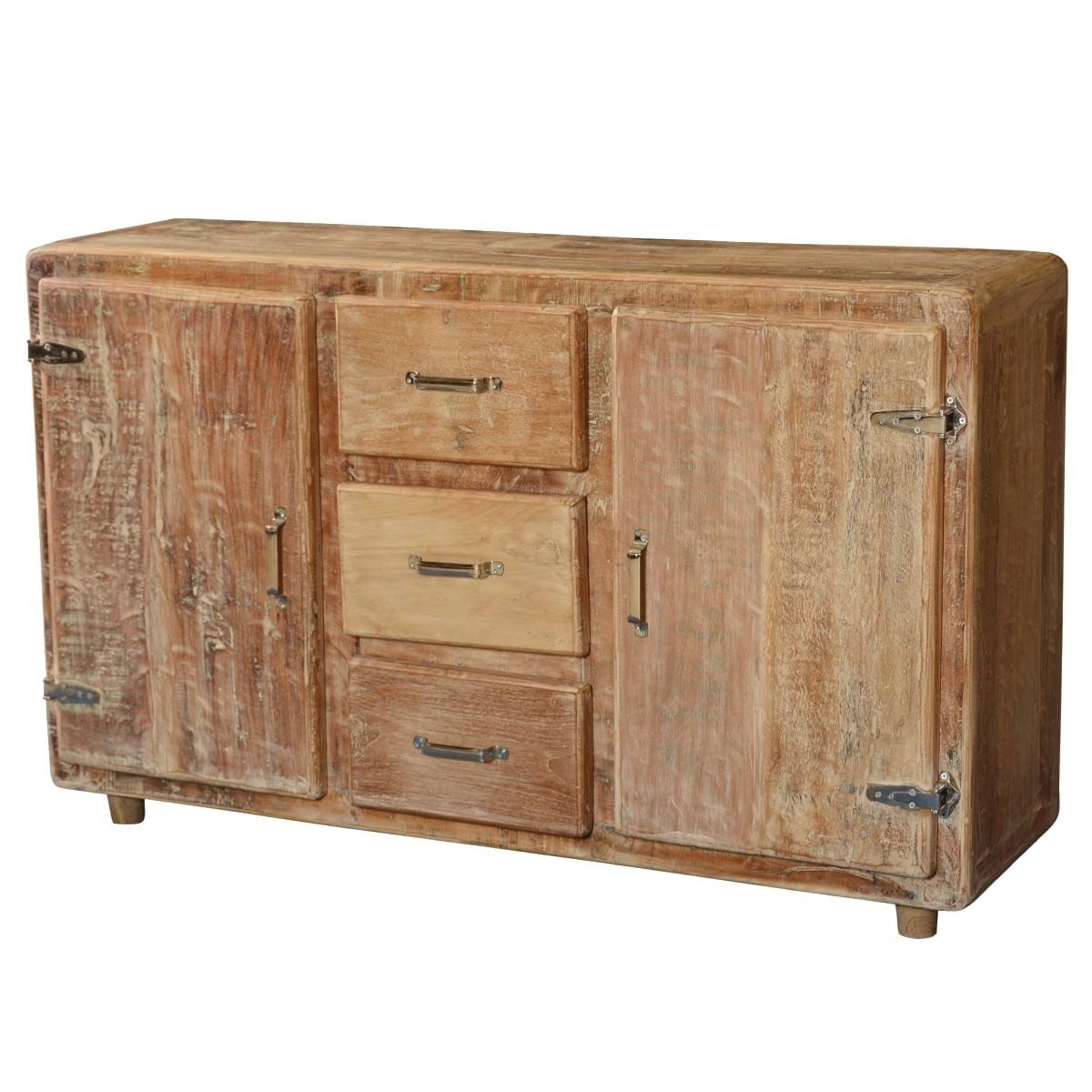 Huey Rustic Reclaimed Wood Rolling Wheel 3 Drawer Industrial Sideboard Intended For Reclaimed 3 Drawer Icebox Sideboards (Photo 4 of 30)