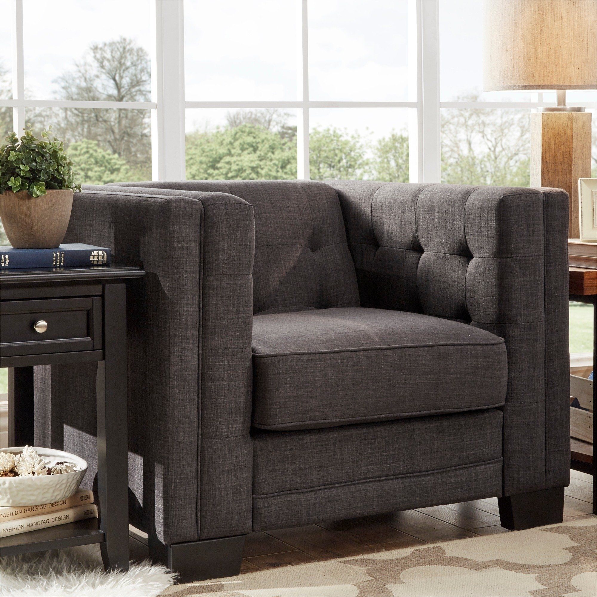 Shop Hamilton Linen Button Tufted Accent Chairinspire Q Bold Intended For London Optical Reversible Sofa Chaise Sectionals (View 26 of 30)