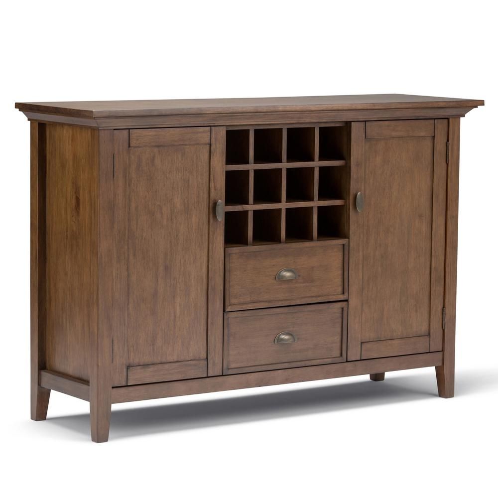 Simpli Home Redmond Rustic Natural Aged Brown Buffet With Wine Intended For Walnut Finish Crown Moulding Sideboards (View 4 of 30)