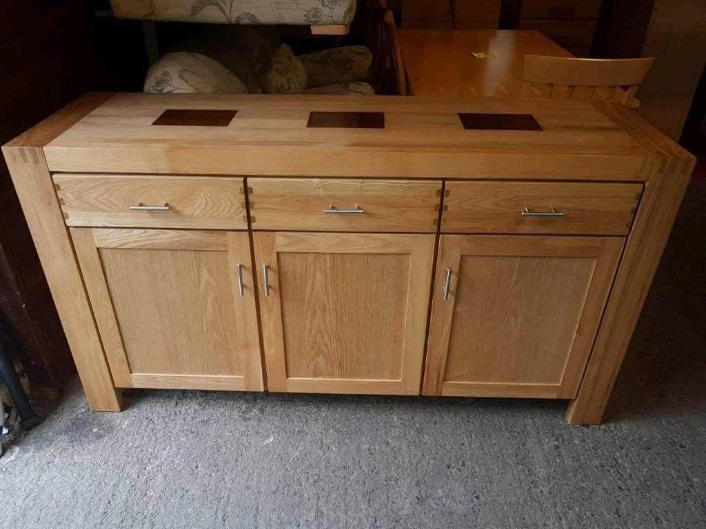 Solid Oak Sideboard With Chrome Handles | In Belfast City Centre Intended For Dark Smoked Oak With White Marble Top Sideboards (View 12 of 30)