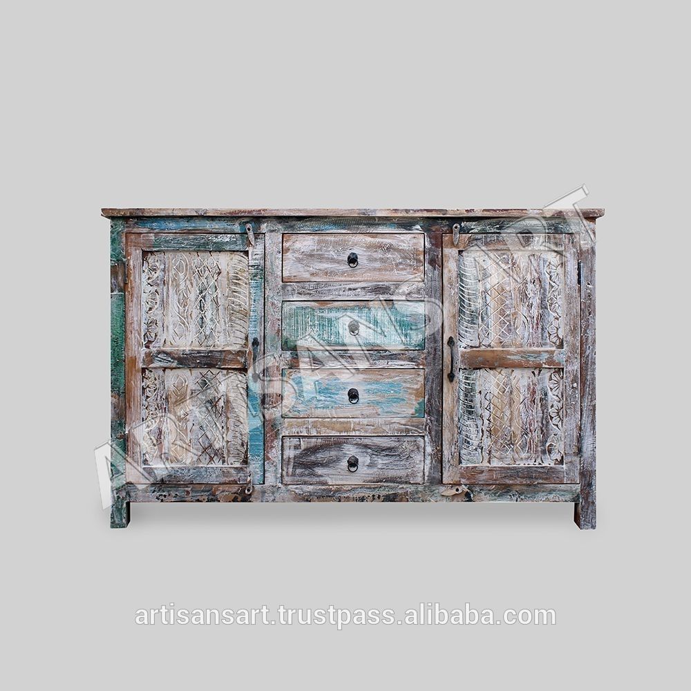 Whitewashed Reclaimed Wood 2 Door 4 Drawer Sideboard,hand Finished Throughout White Wash 2 Door Sideboards (View 11 of 30)