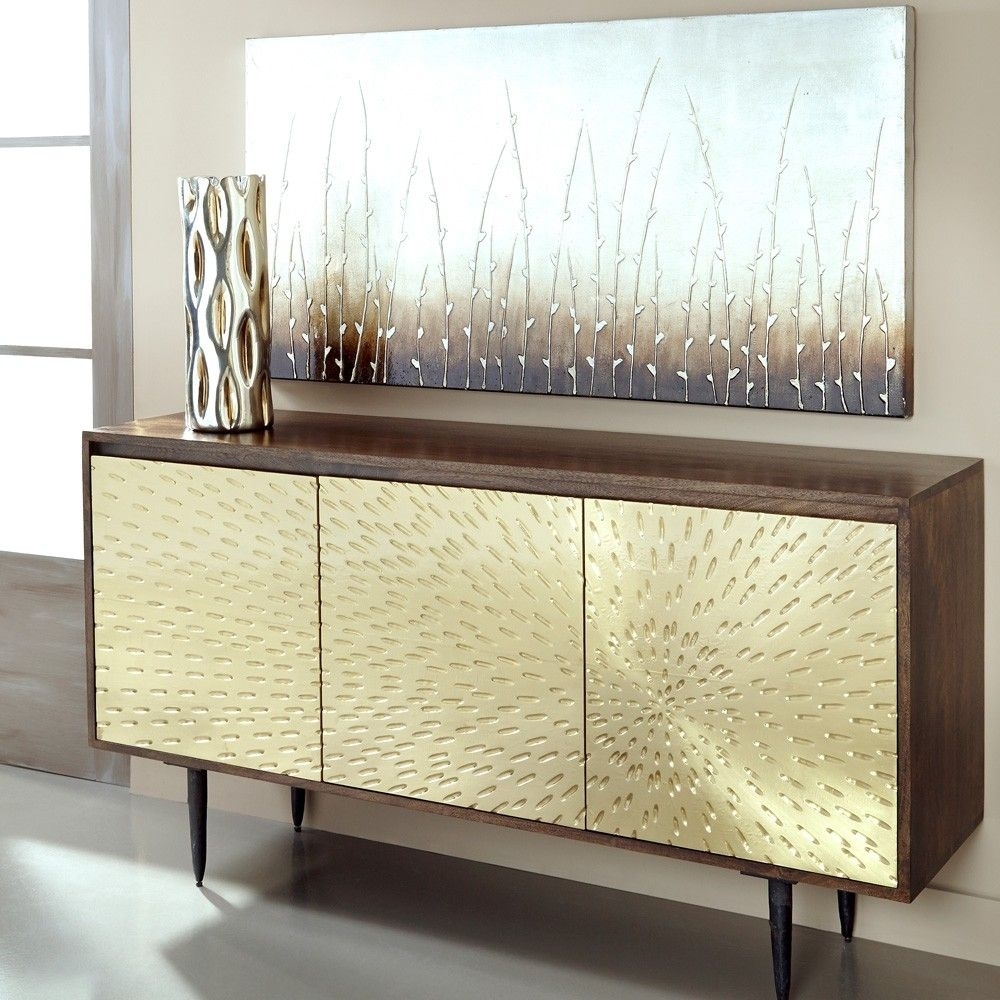 Wood & Brass Three Door Sideboard In Dark Mangocoast To Coast Pertaining To Geo Capiz Sideboards (Photo 1 of 30)