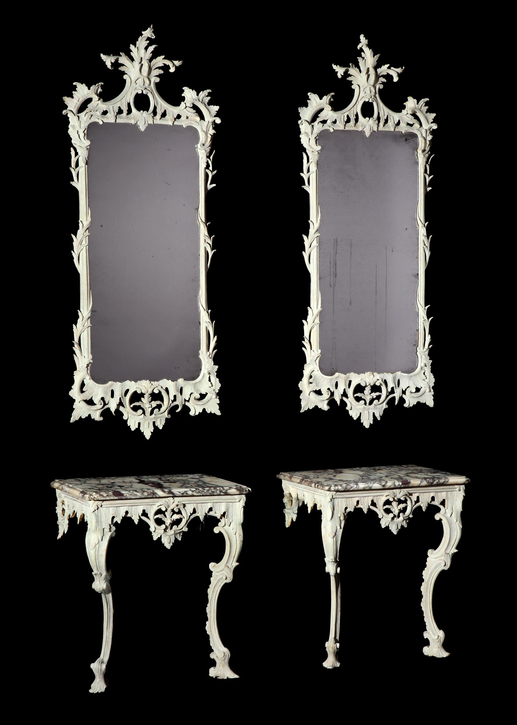 A Pair Of George Ii White Decorated Console Tables With Pier Mirrors With Regard To Phillip Brass Console Tables (View 27 of 30)
