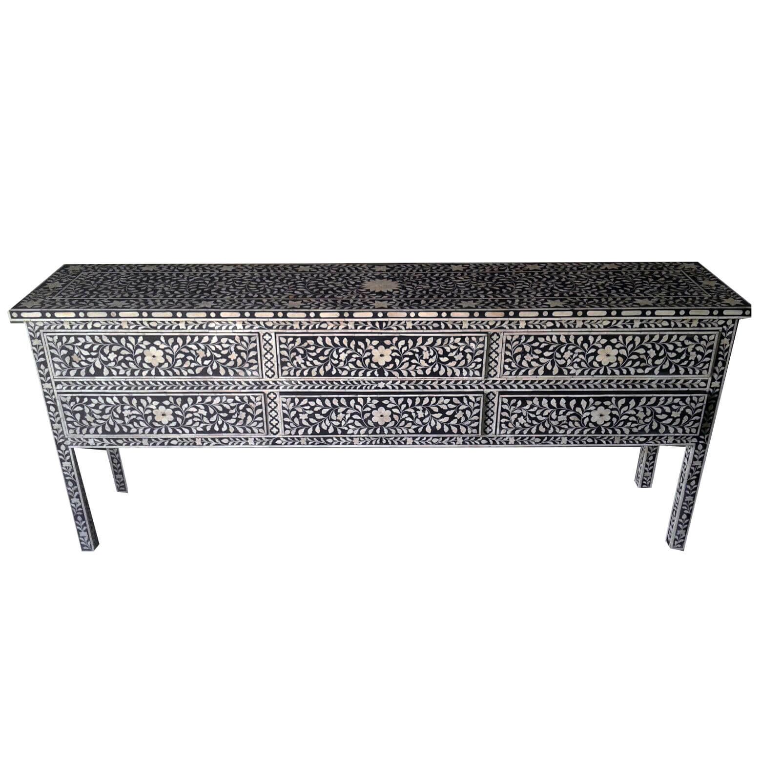 Black Bone Inlay Large Sideboard | Iris Furnishing Throughout Black And White Inlay Console Tables (Photo 16 of 30)