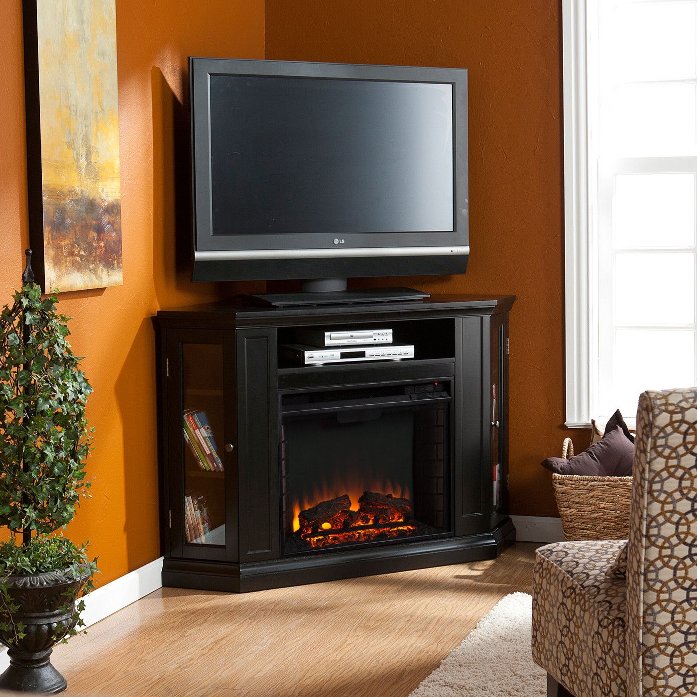Corner Tv Stand Next To Fireplace | Tuckr Box Decors : Corner Tv In Vista 60 Inch Tv Stands (View 19 of 30)