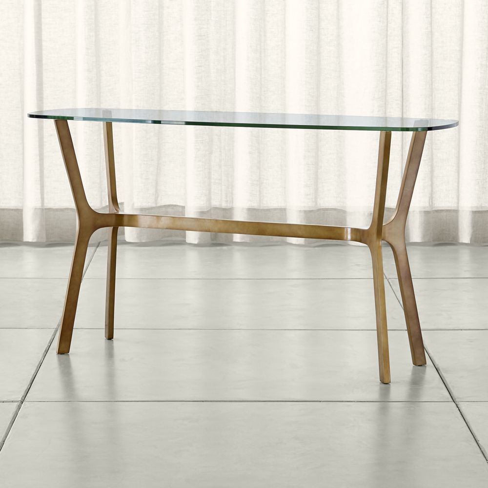 Elke Glass Console Table With Brass Base | Products | Console Table In Elke Marble Console Tables With Polished Aluminum Base (View 1 of 30)