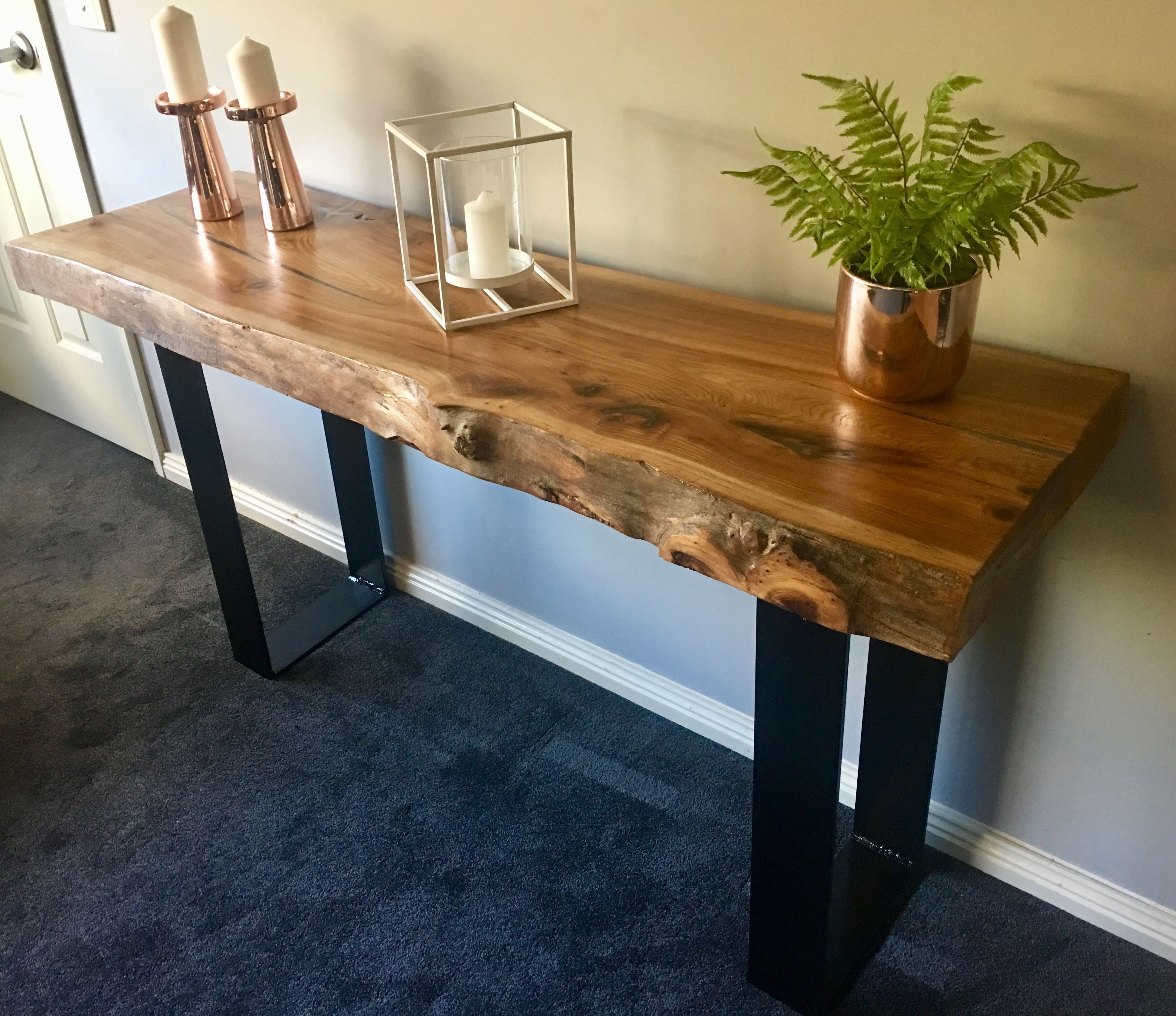 Elm Slab Hall Console With Black Flat Bar Metal Legs Madewww In Yukon Natural Console Tables (View 13 of 30)